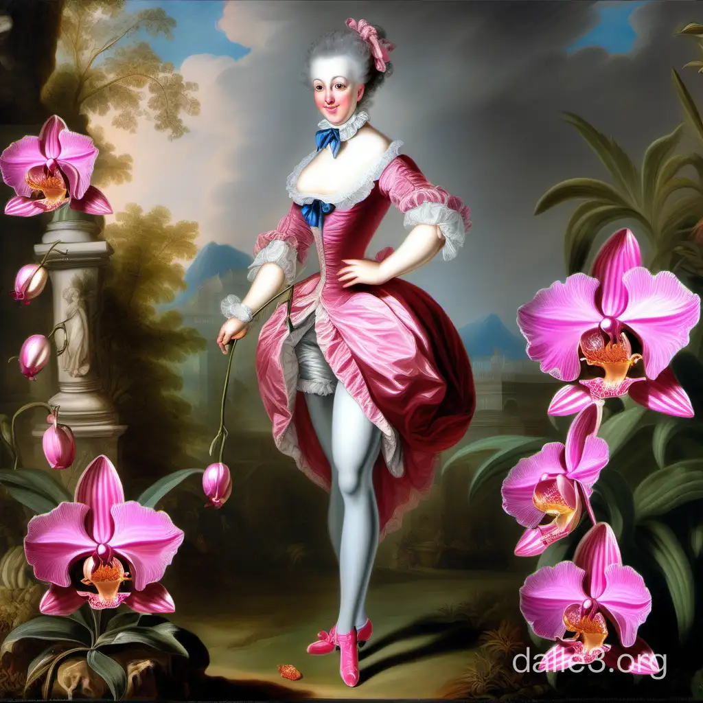 1785г. Живопись: в полный рост Потрясающе красивая живая женщина антропоморфная розовая орхидея с добрым милым лицом и фигурой пропорциональной восхитительной в коротенькой юбочке и чулочках с розовыми бантиками-подвязками 1780г. hdr, 1024k, высокая детализация, фотореалистично, серебристая пыль