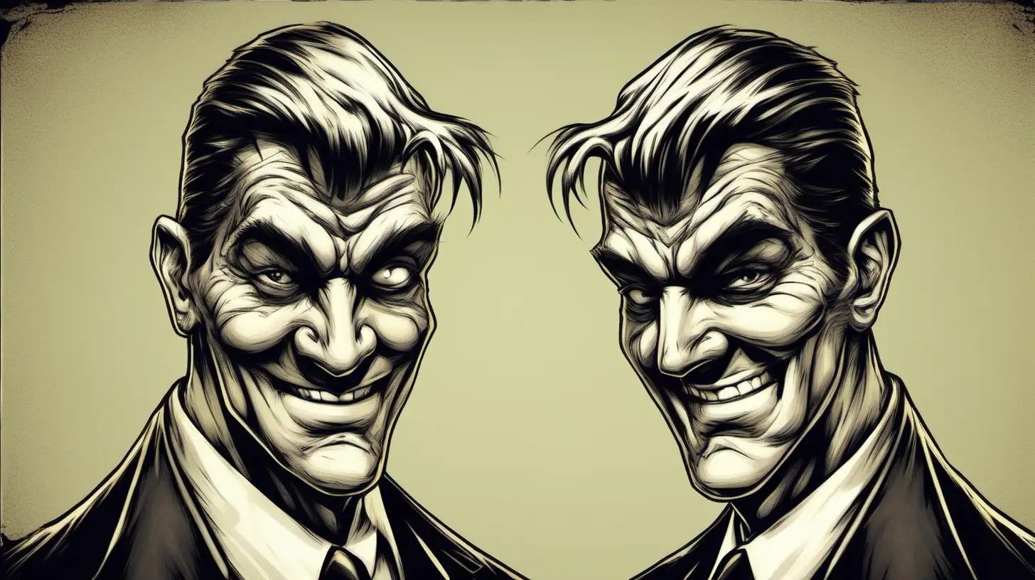 two faces of a doppelganger spy one smiling one menacing