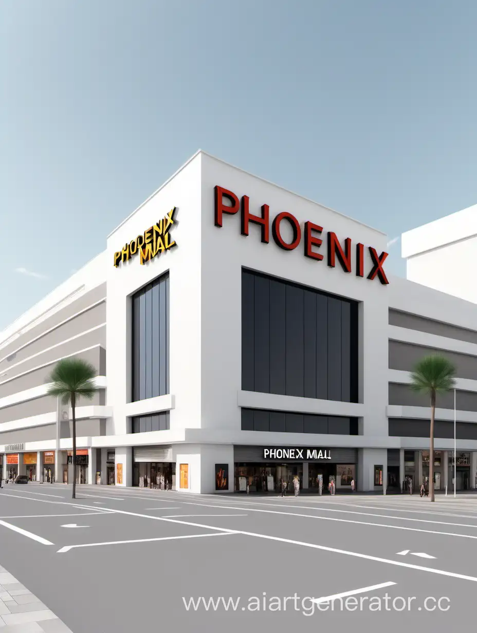 Вид торгового центра с вывеской "PHOENIX CITY MALL" снаружи, 8к, реалистичный, c тремя этажами, минимализм