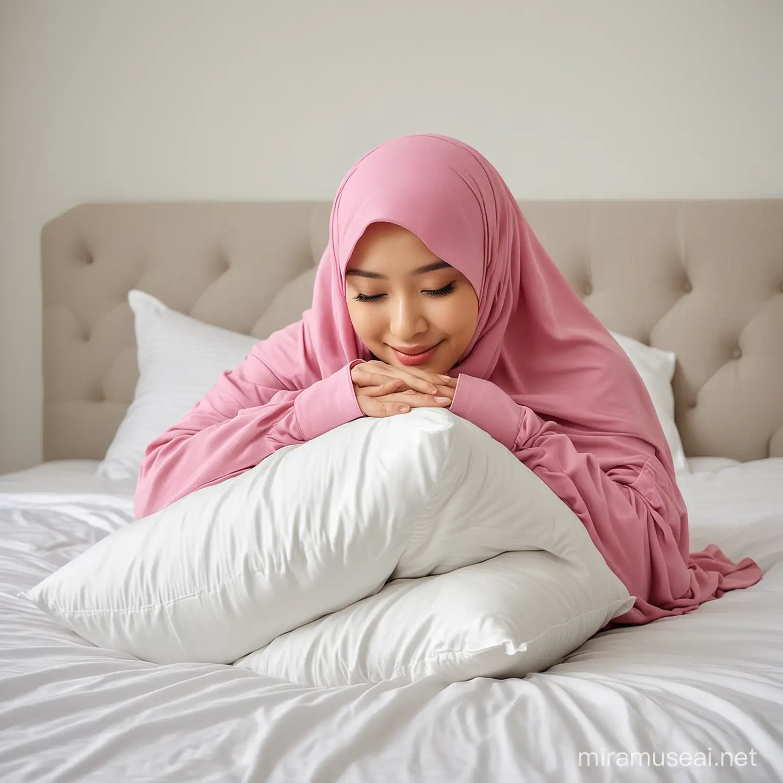 asian hijab girl hug a pillow in bed