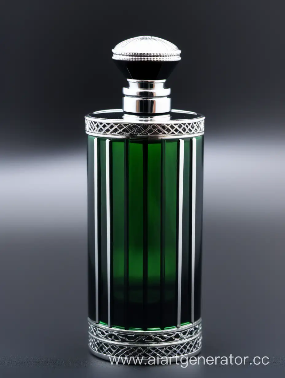 Luxurious-Zamac-Perfume-Bottle-with-Silver-Accents-in-Ornamental-Black-and-Royal-Dark-Green