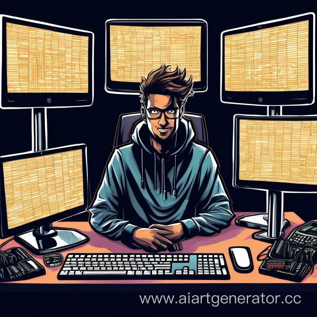 С днем рождения !!! человек который сидит за компьютером , перед которым 3 экрана и он хакер. Вокруг которого есть много людей и его постоянно спрашивают о разных задачах .