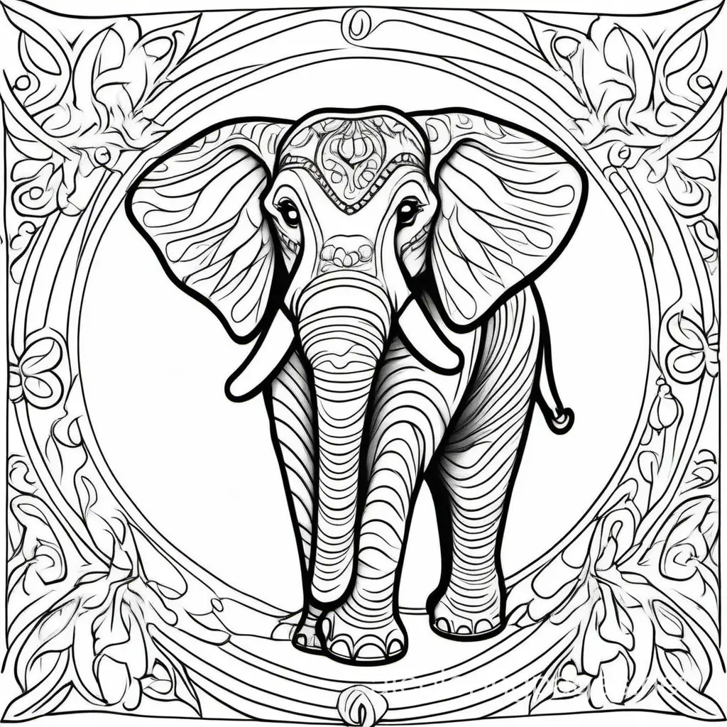 elephant, Coloring Page, black and white, line art, white background, Simplicity, Ample White Space. The background of the coloring page is plain white to make it easy for young children to color within the lines. The outlines of all the subjects are easy to distinguish, making it simple for kids to color without too much difficulty
