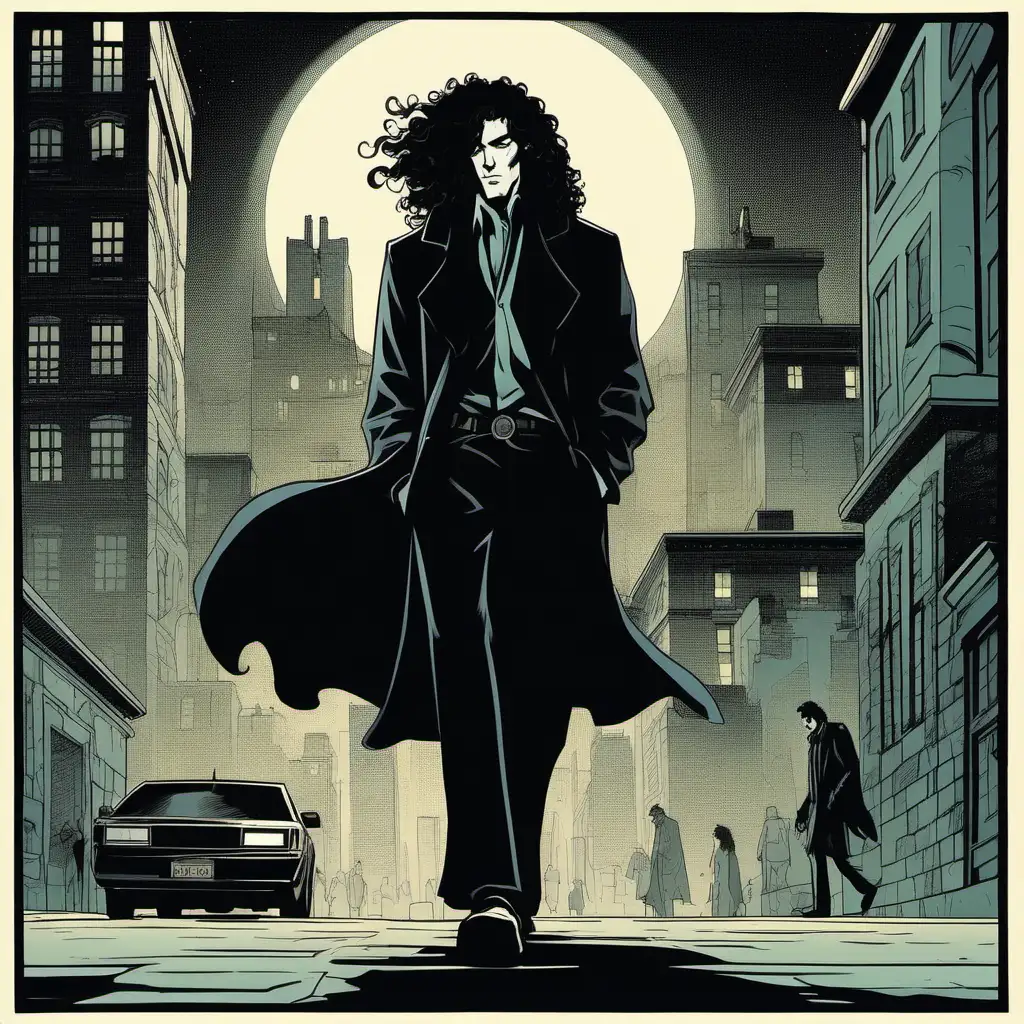 /imagine a young man with very long curly black hair, wearing a long black coat, walking in a city at night. Line drawn in the style of Mike Mignola