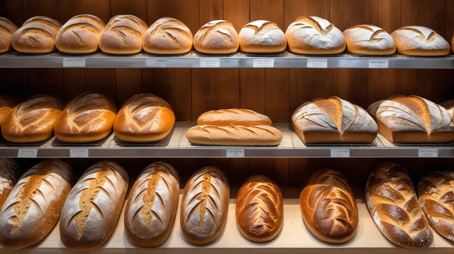 Within the cozy bakery, a delightful array of diverse bread loaves graces the shelves, tempting the senses