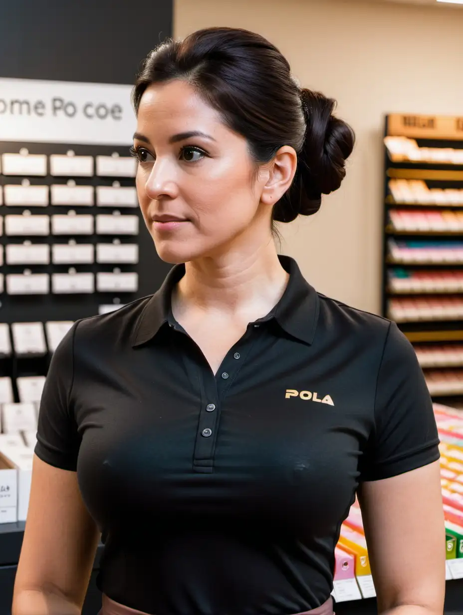Attractive, fair skin Latina in her early 40s, UPS Store manager, [Highly Detailed] high waisted leggings, meaty , black hair in low bun, form-fitting black polo shirt, side view