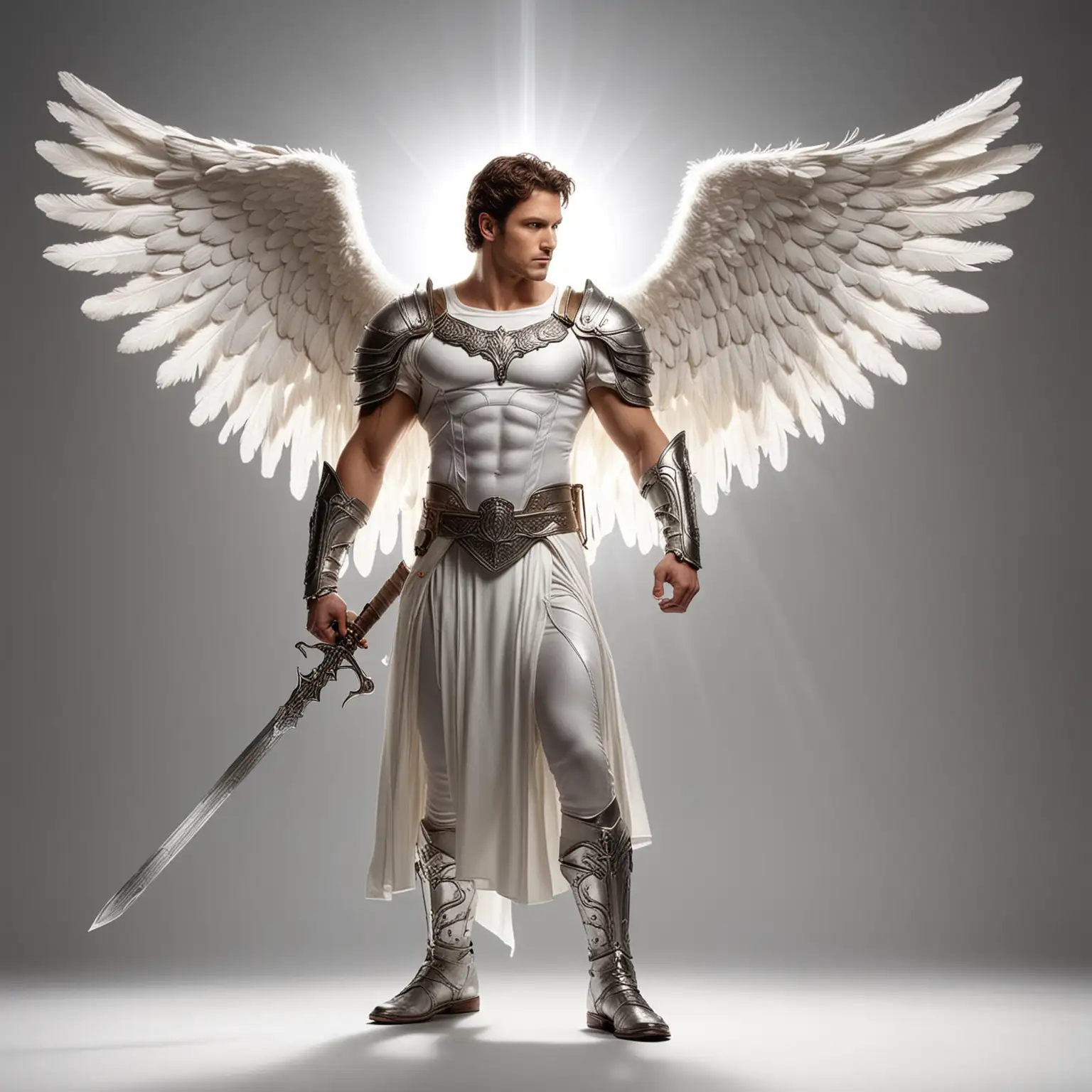 Godly male angel with a stick and sword and the power of light with silver cloth suitte