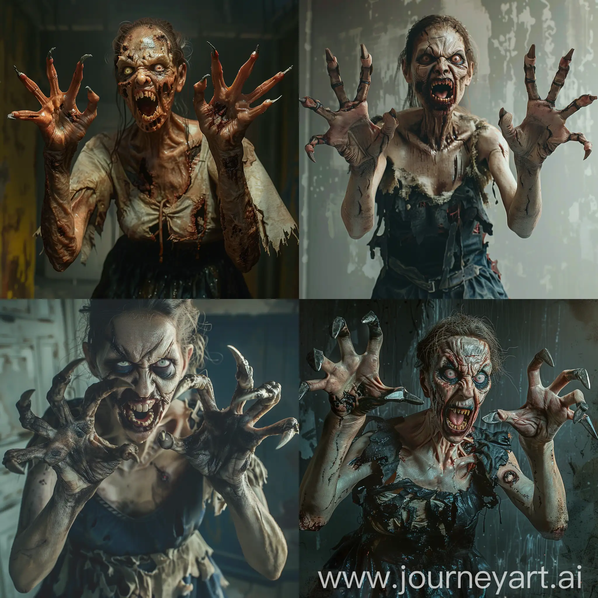 a terrible zombie woman with clawed hands stretches her two hands with five fingers on each, her mouth exposes terrible fangs, she has a wild look, she is dressed in torn clothes black with soot and dirt, on her hands pointed long nails that bend like hooks, her eyes are empty and reddish, the scene shows her terrible figure, hyper-realism, cinematography, high detail, the smallest details, horror, fear.photorealistic photography of a zombie woman with no eyes and a tattered dress, in the style of realistic hyper - detail, playful character designs, 32k uhd, full anatomical. human hands, very clear without flaws with five fingers