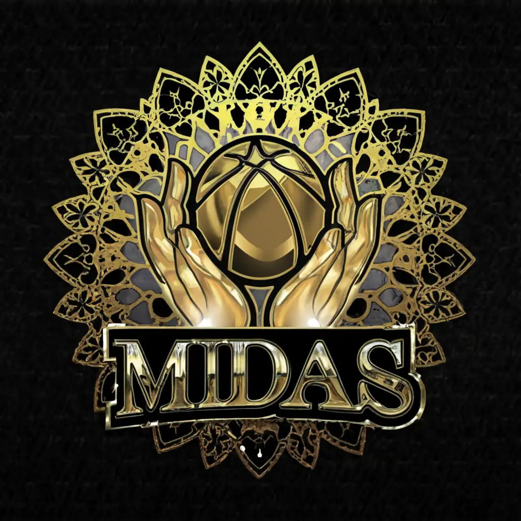 a logo design, with the text 'Midas NBA', main symbol: A gold hand holding a basketball, 5 fingers, black background., Moderate, be used in Sports Fitness industry, clear background