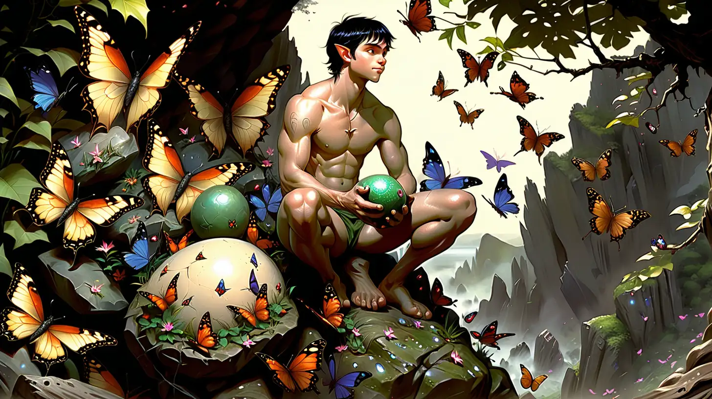 Fantasy Art Shirtless Man with Dragon Egg Surrounded by Butterflies