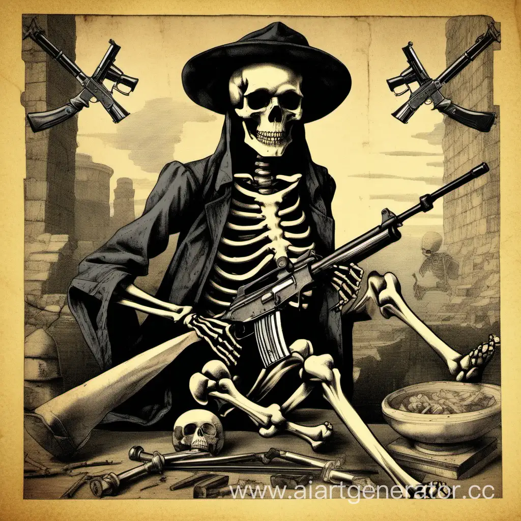 old 2000 year low quality aesthetic, the image is printed by a bad old printer, guns, skeleton in cap, joint,