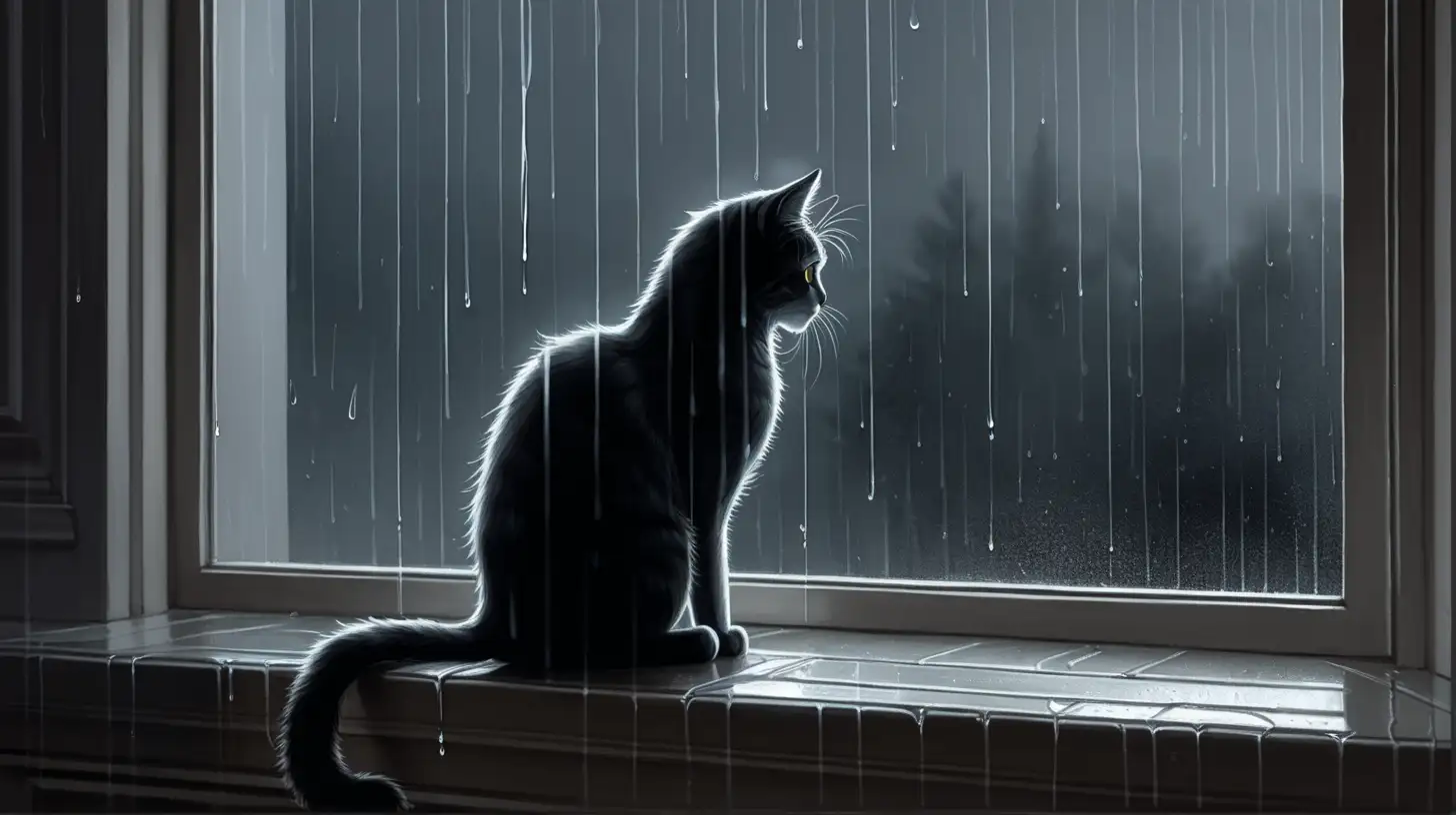 "Illustrate a lone cat perched on a windowsill, gazing out at the pouring rain, its fur soaked and demeanor reflective of a somber mood."