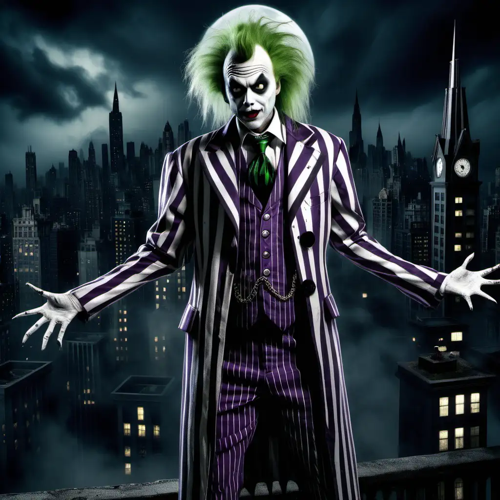Gothic Beetlejuice Strolls Through the Enigmatic Streets of Gotham City