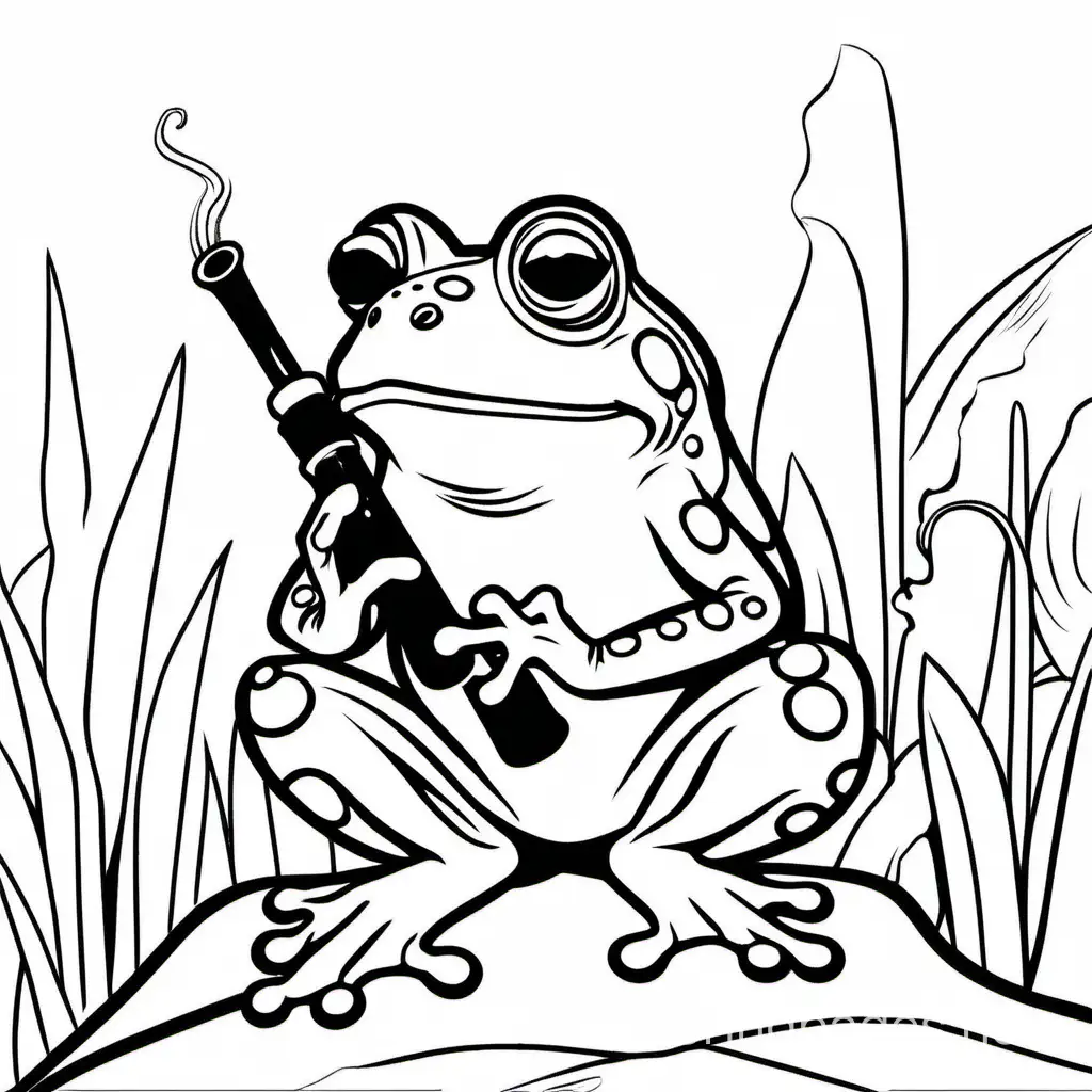 Frog smokin a pipe, Coloring Page, black and white, line art, white background, Simplicity, Ample White Space. The background of the coloring page is plain white to make it easy for young children to color within the lines. The outlines of all the subjects are easy to distinguish, making it simple for kids to color without too much difficulty