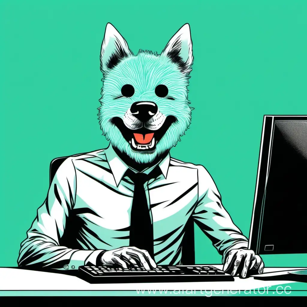 Веселый системный администратор в маске собаки, за компьютером, в комнате с аквамариновыми стенами