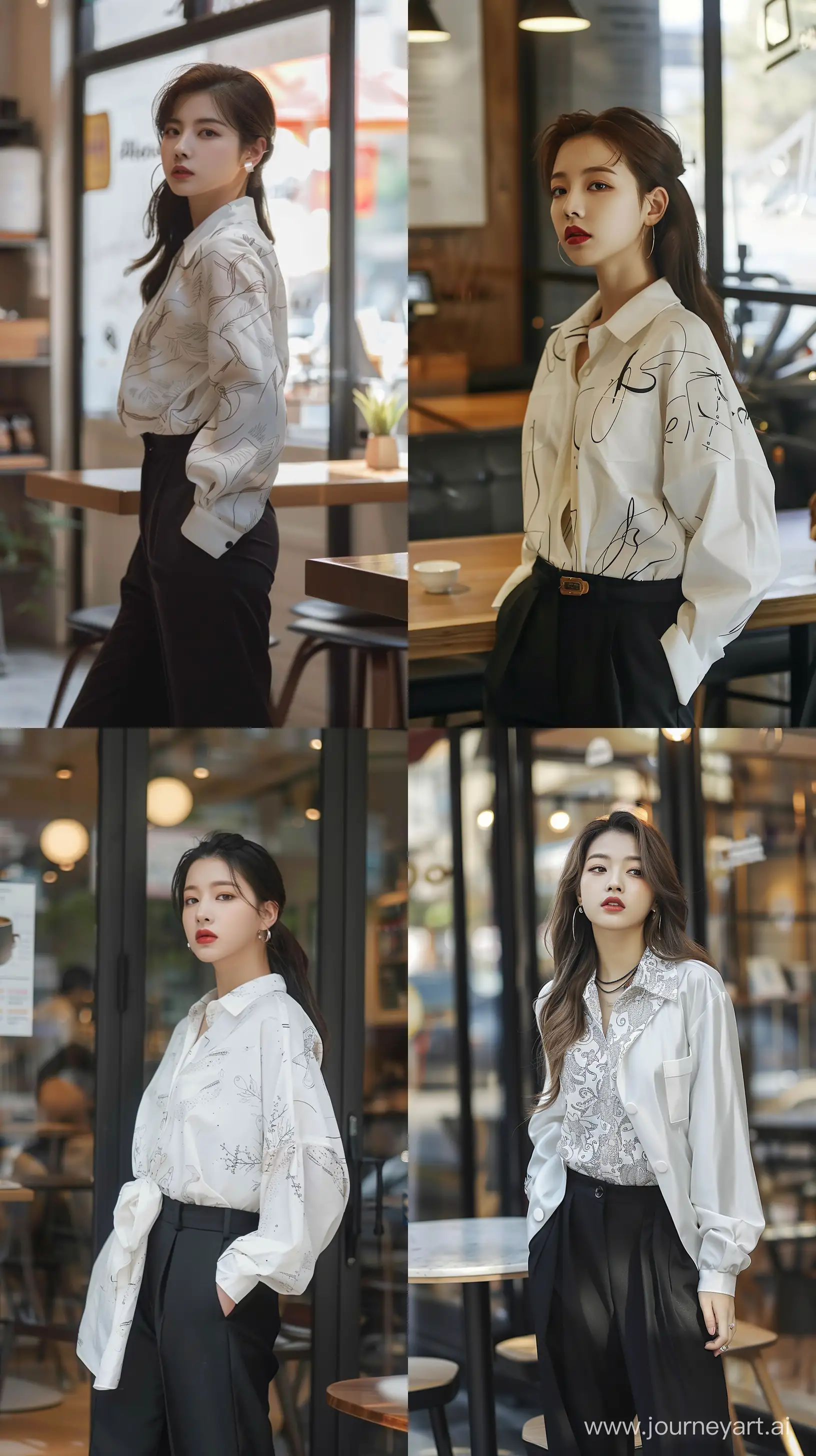 A profile beautiful Asian woman ,wearing white oversize motived blouse and black oversize suit pants standing front of modern coffee shop,profile,no accsessories,and facial features resembling Blackpink's Jennie. --ar 9:16 --v 6