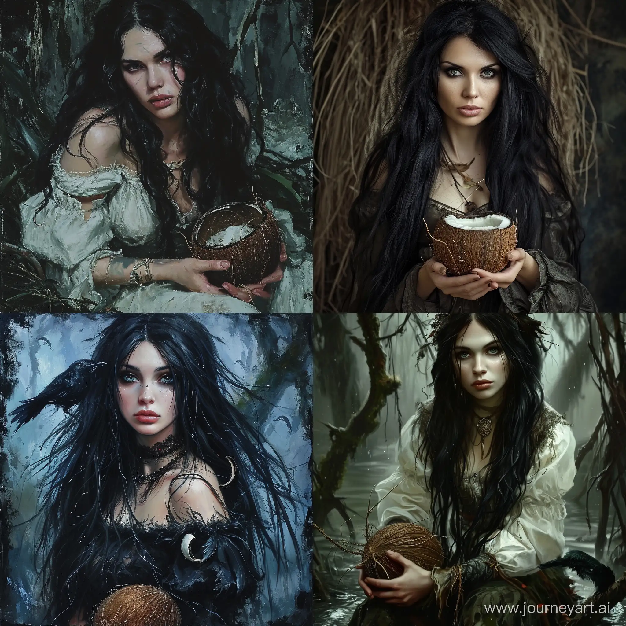 Russian Russian fairy tale Baba Yaga, a beautiful woman with long black hair and a cocoanut, a gloomy atmosphere, a Russian sorceress