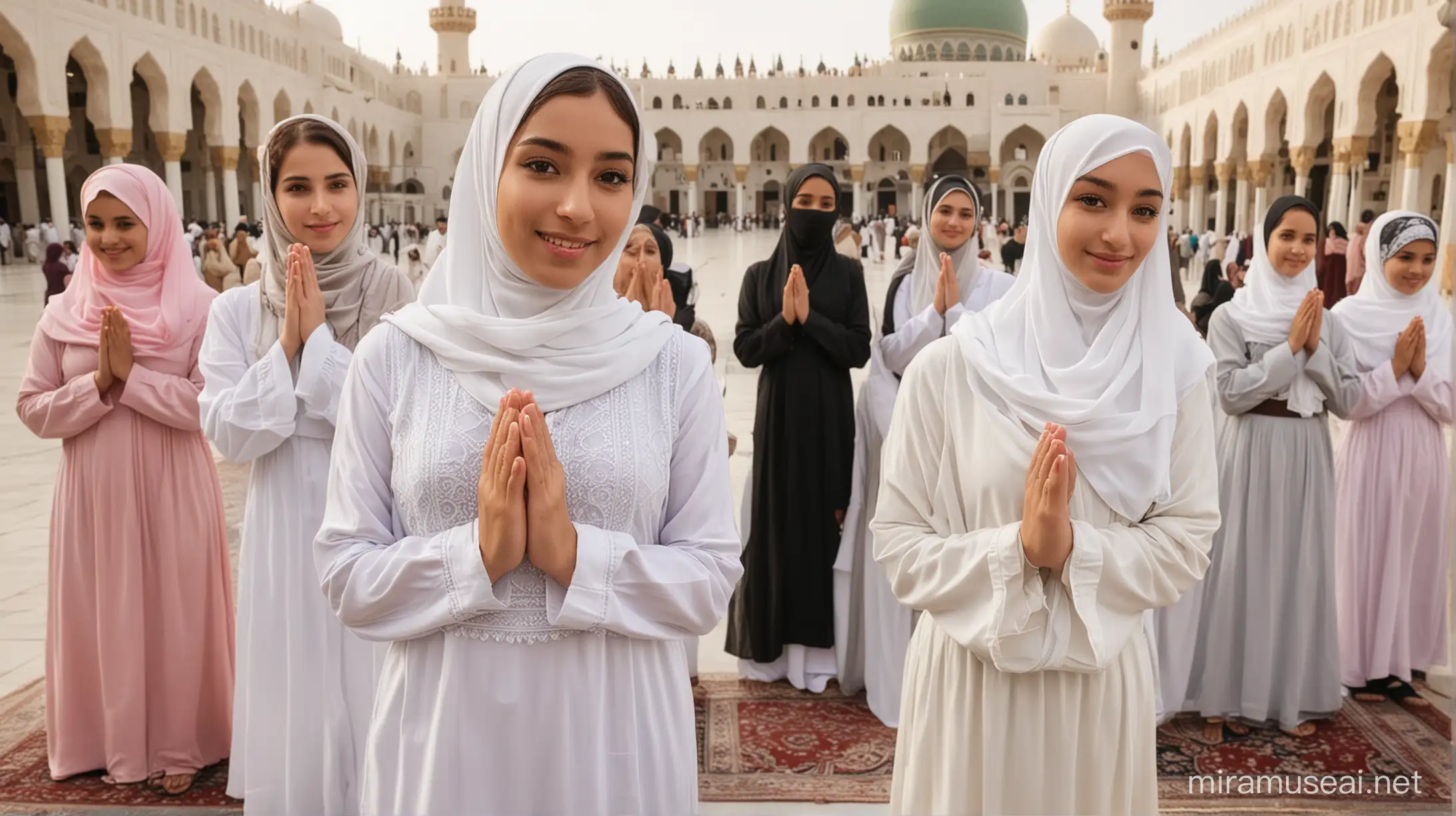 5 girls wearing hijab and 1 men in moslem clothes,their hands in namaste position, facing the camera,background masjidil haram mecca