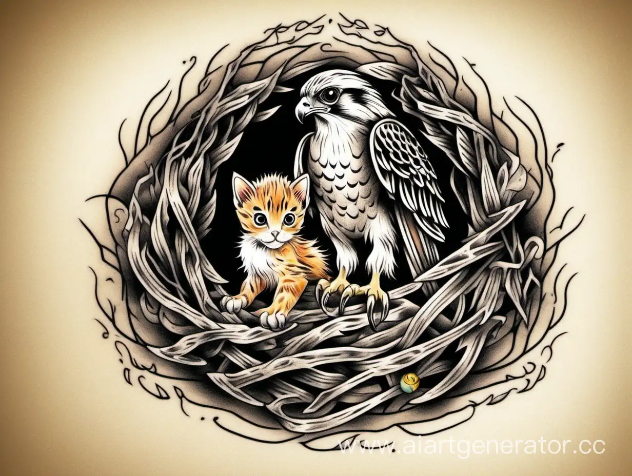 Majestic-Falcon-and-Playful-Kitten-Tattoo-A-Stunning-Wildlife-and-Pet-Fusion