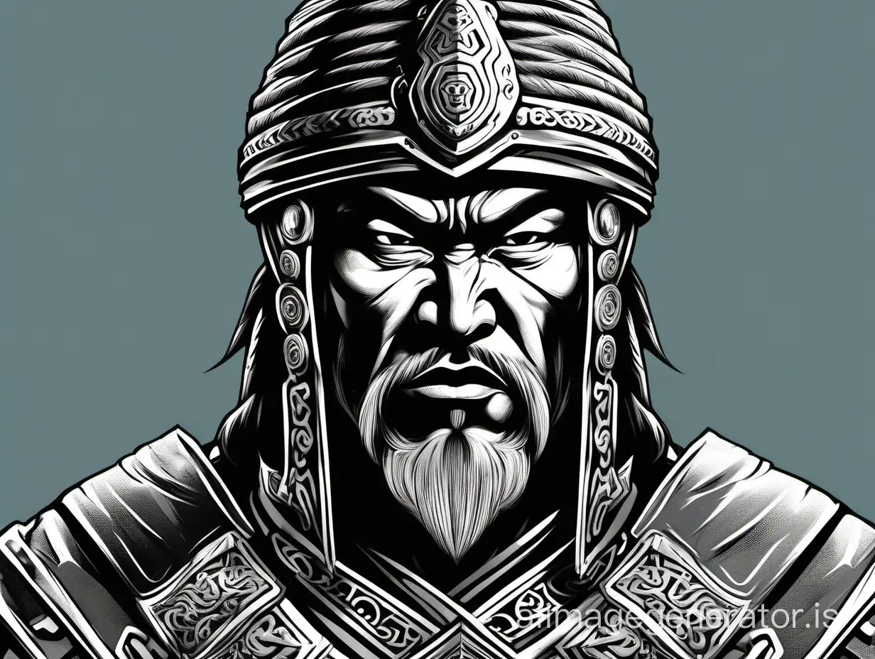 Bashkir warrior, vector graphics, high contrast, solid colors, sharp shadows, studio light from above, front view, face looking forward, menacing, angry, belligerent, black and white, print, Kazakh face, Asian face