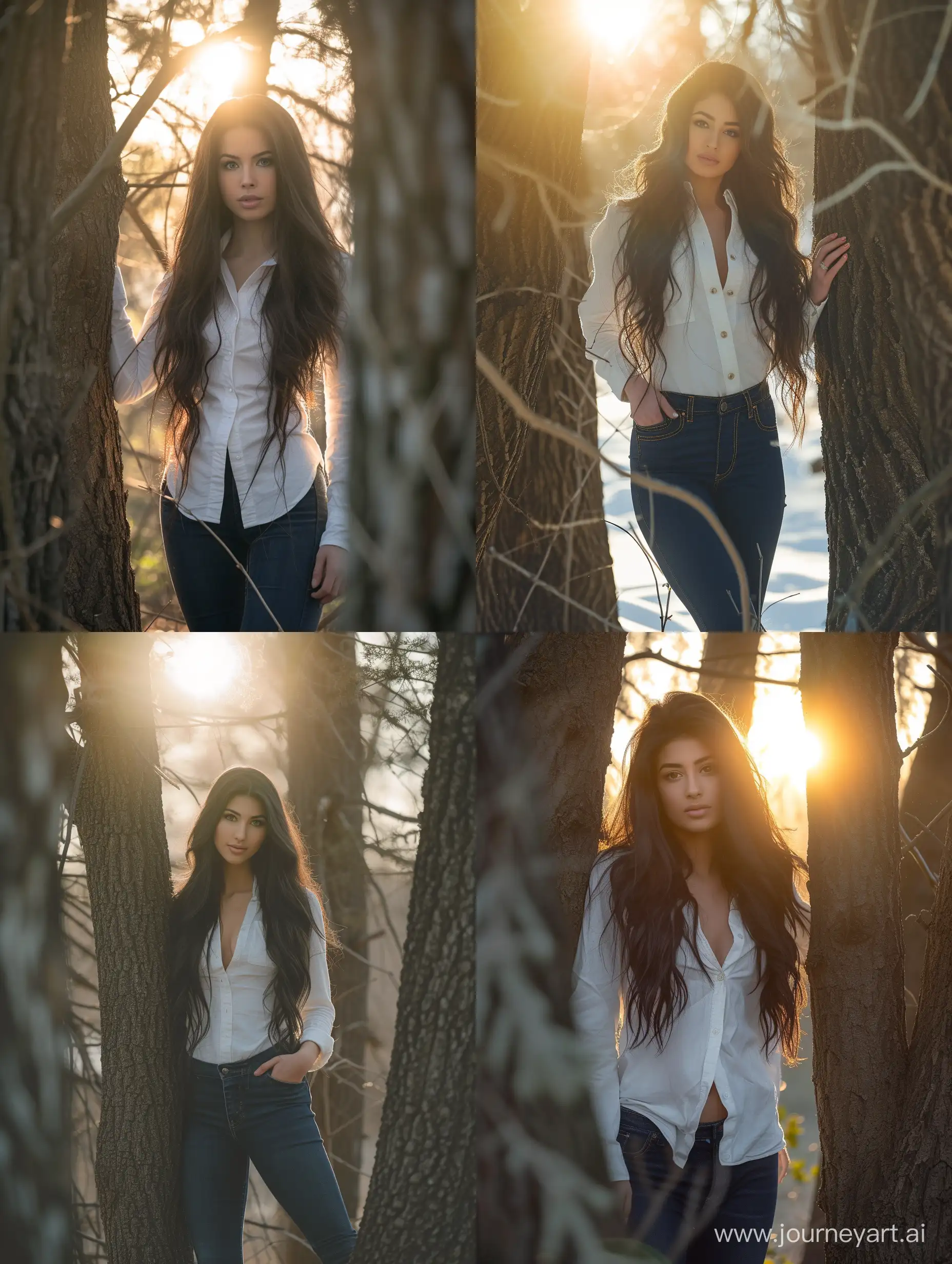 generate a image for valentine day of a beautiful woman, whit winter white shirt and dark blue skinny jean, long dark brown hair, standing between trees, sun lens flar, forset background, ultra high detailed, full body pose, captured by Sony mirrorless, portrait