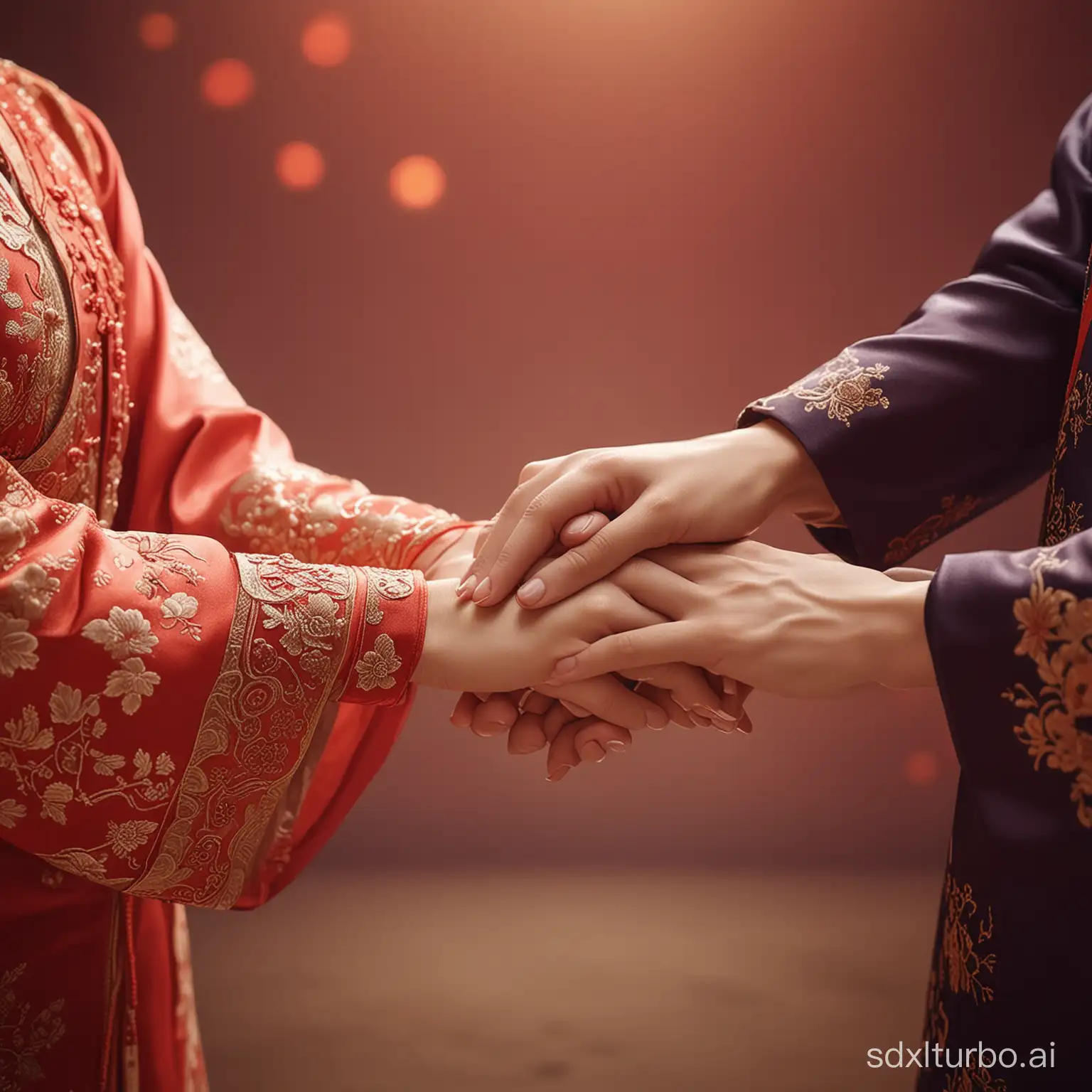Chinese-style clothing, festive, couples, close-up of holding hands, romantic and warm background, cinematic quality, rich details, high-definition image