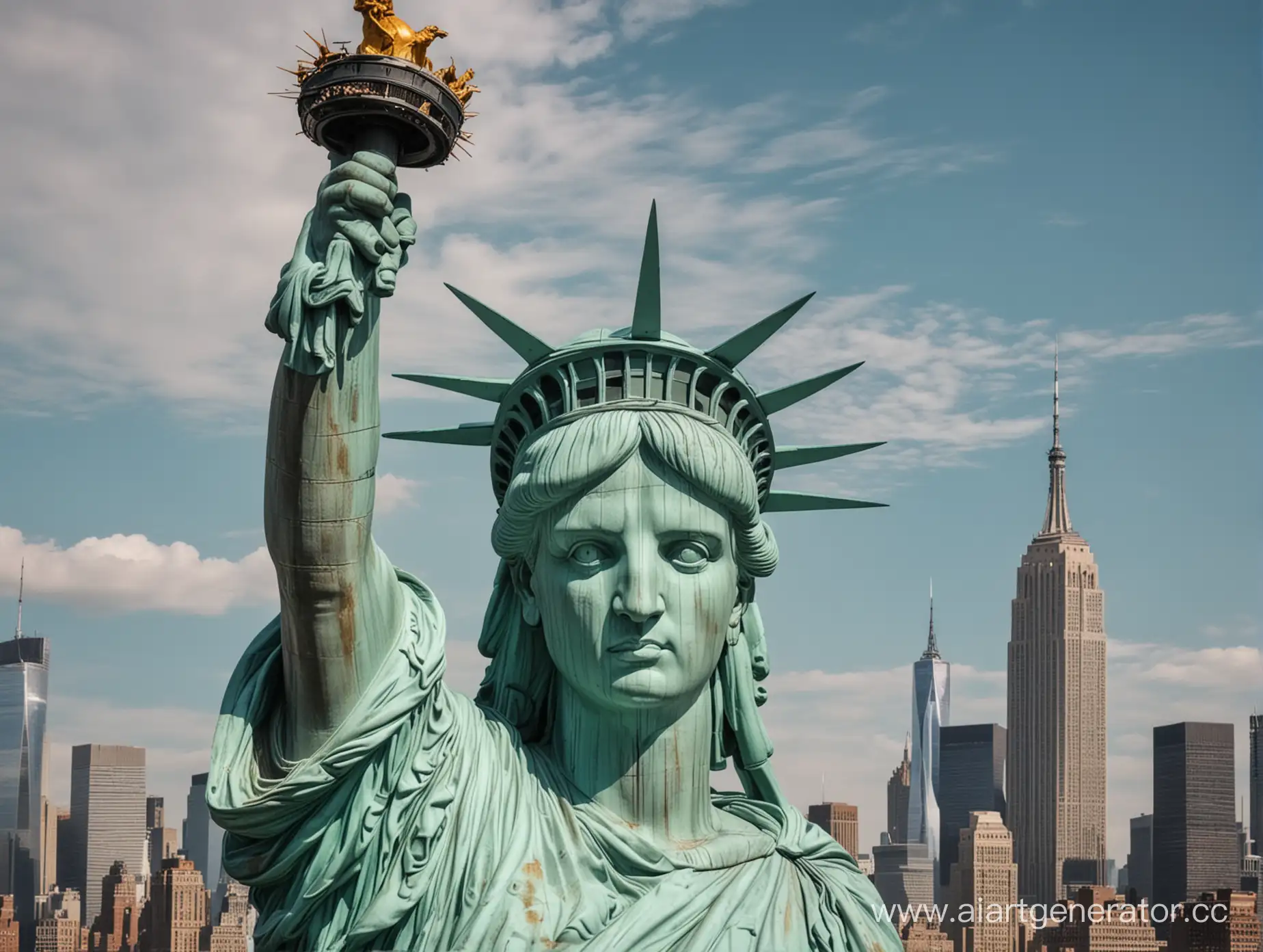 Голова Статуи Свободы на фоне Нью-Йорка закрыла свое лицо ладонями. В цвете, 4k 