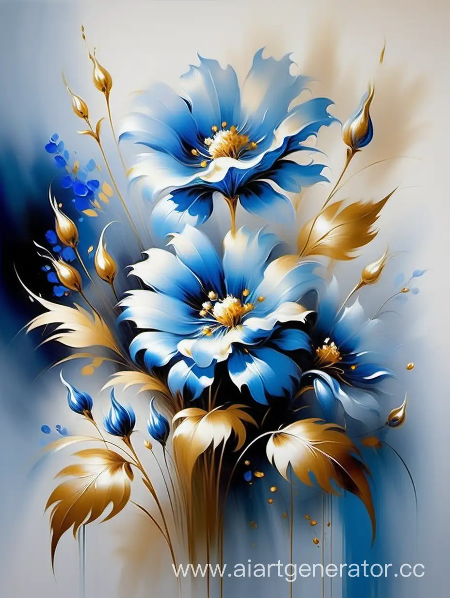 Blue and golden flower oil painting in the style of Willem Haenraets
