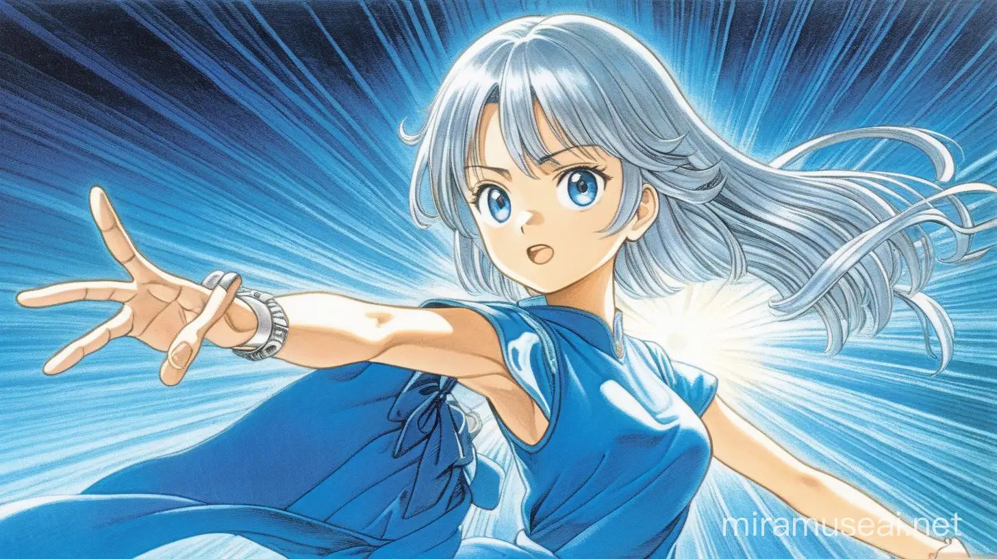 Illustration d'une femme, cheveux d'argent, robe bleu, yeux brillant de lumière bleu, tend la main droite en avant, pose dynamique, tire un rayon de lumière bleu depuis la main droite, manga, style de Eiichirō Oda