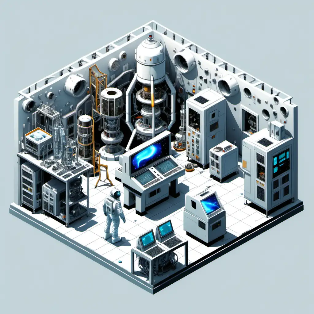 3D isometric illustration of a Space laboratory with damaged equipment, with advanced video game graphics. The Space laboratory with damaged equipment stands out against a clean white backdrop, showcasing elaborate intricate details and lifelike realistic textures --style raw --ar 1:1 --v 6.0