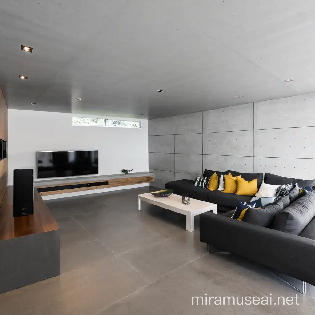 Concrete cladding on the living room wall.
Integrates with the TV wall