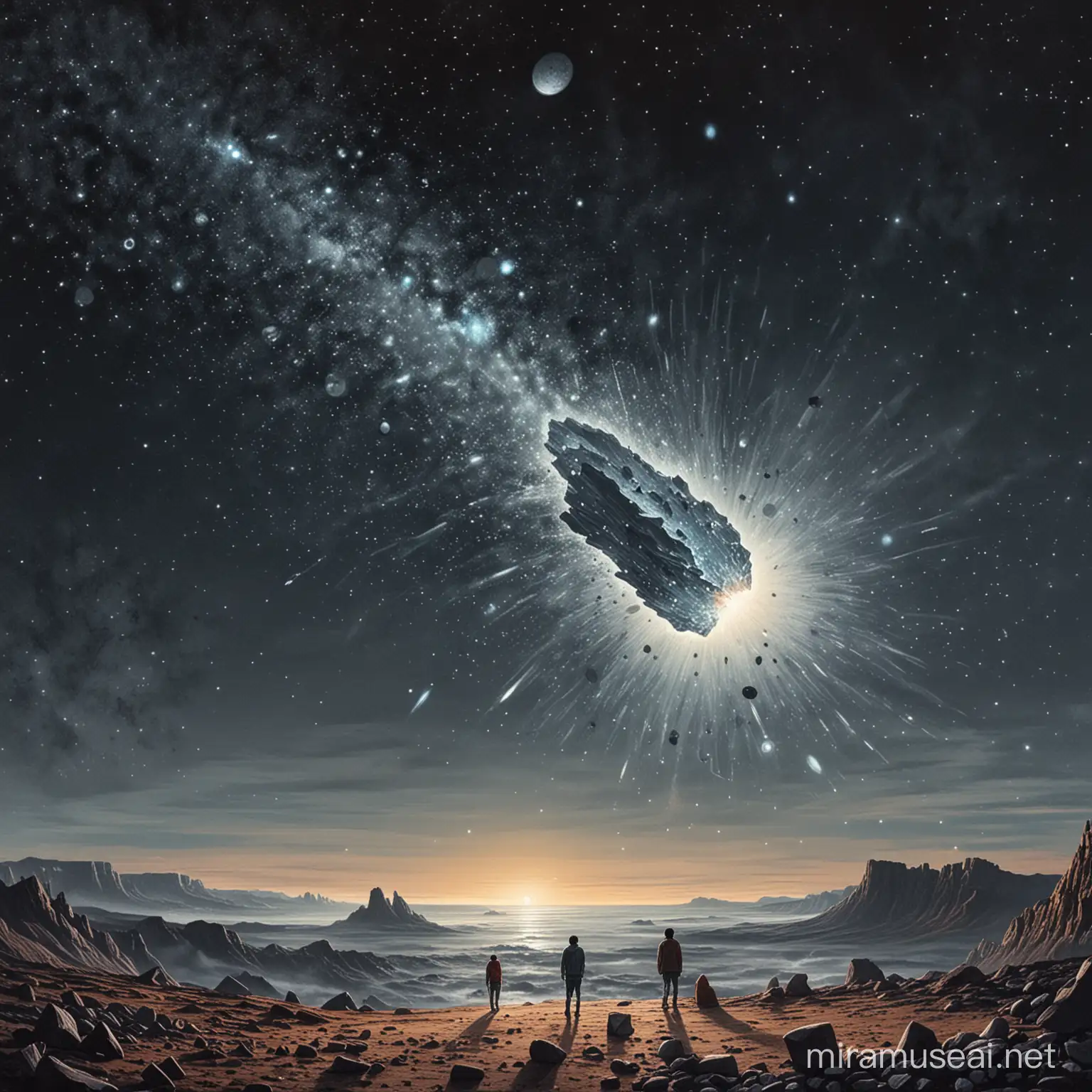 draw a comet which smashed the moon  into pieces and some people is watching in disbelieve
