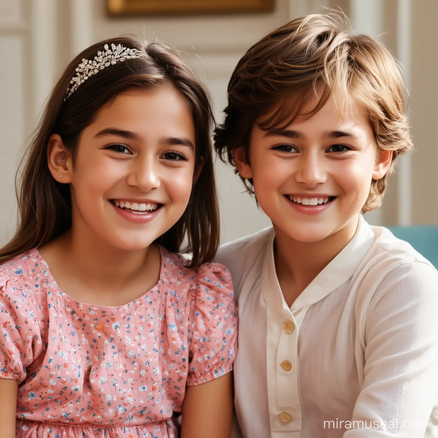 Cute 5 year old two girl and boy best friends laughing. And their face is the combination of Princess Diana-Esque, Actress Sara Ali Khan and Actor Douglas Booth. 