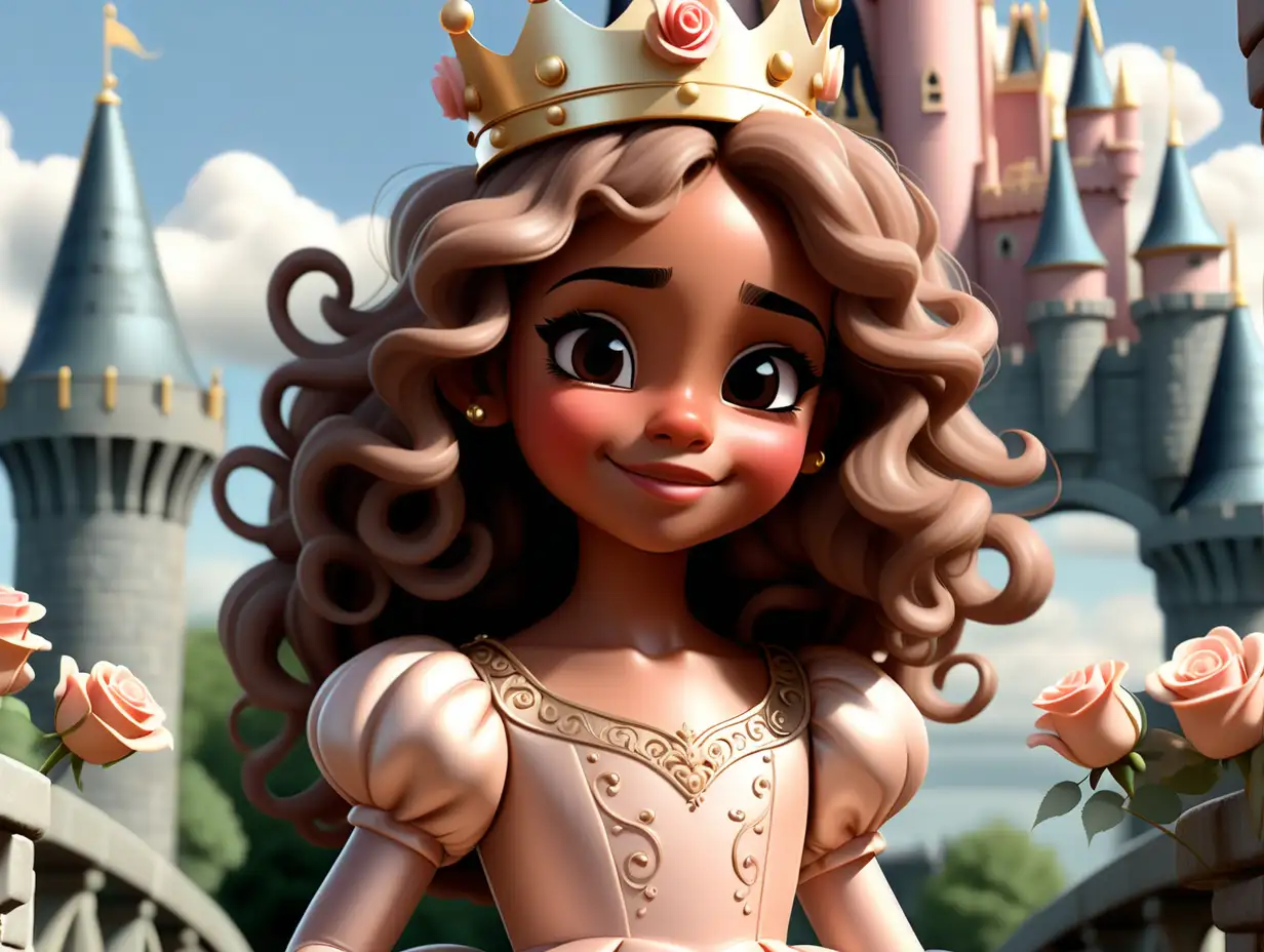 A beautiful 7 year old girl, cute, light brown skin, big hazel eyes long black eyelashes, blush,beautiful lips, round face,standing on castle bridge, princess dress , large shiny metalic crown, smelling roses, extremely long brown detailed curly hair, dress, disney style, cartoon character, sun light shining on her face, sky, clouds, frown, smile,