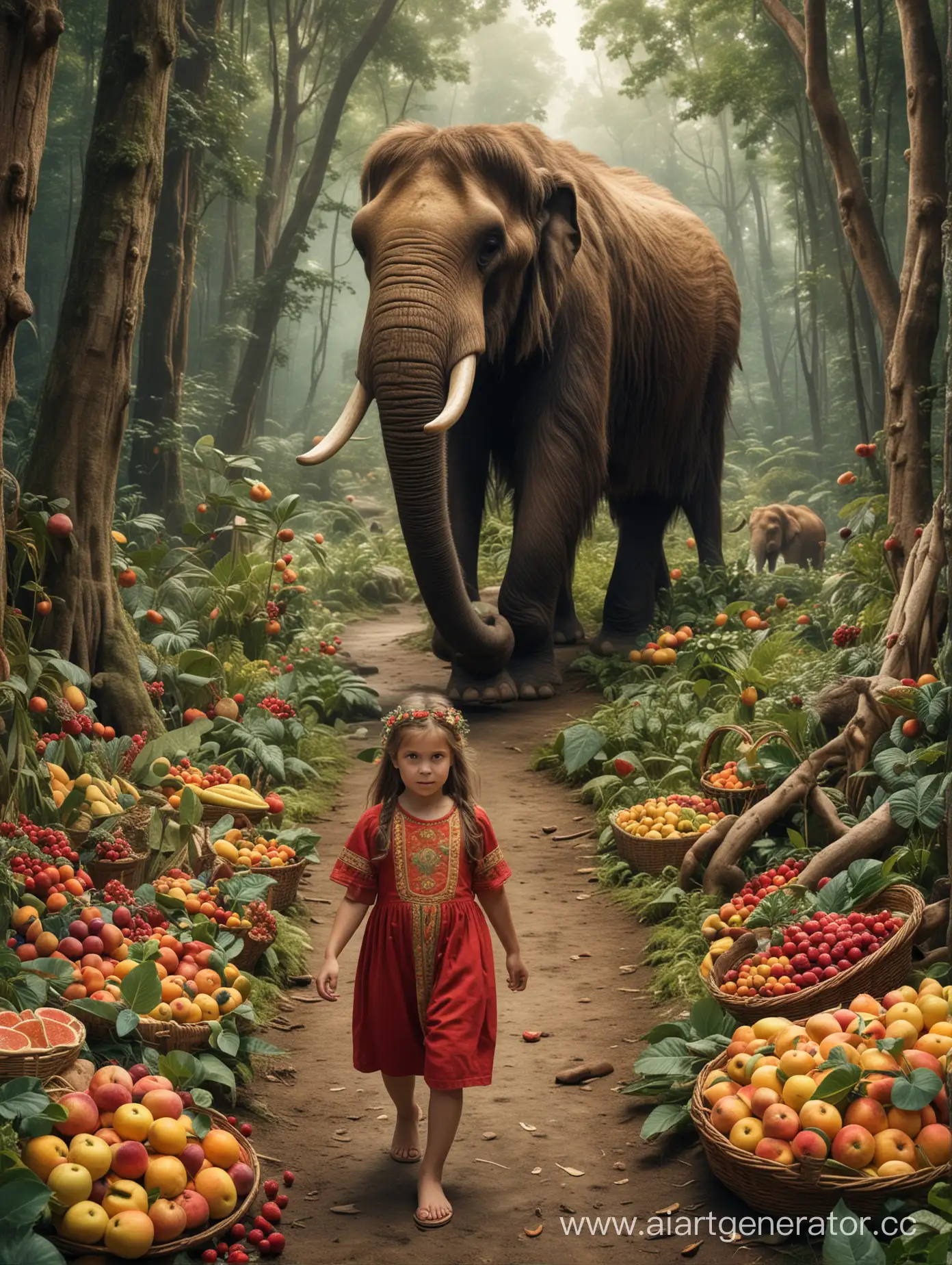 картинка, где на заднем фоне ходят мамонты, вокруг густые леса с красивыми плодами и снизу маленькая девочка в образе кулинарии
