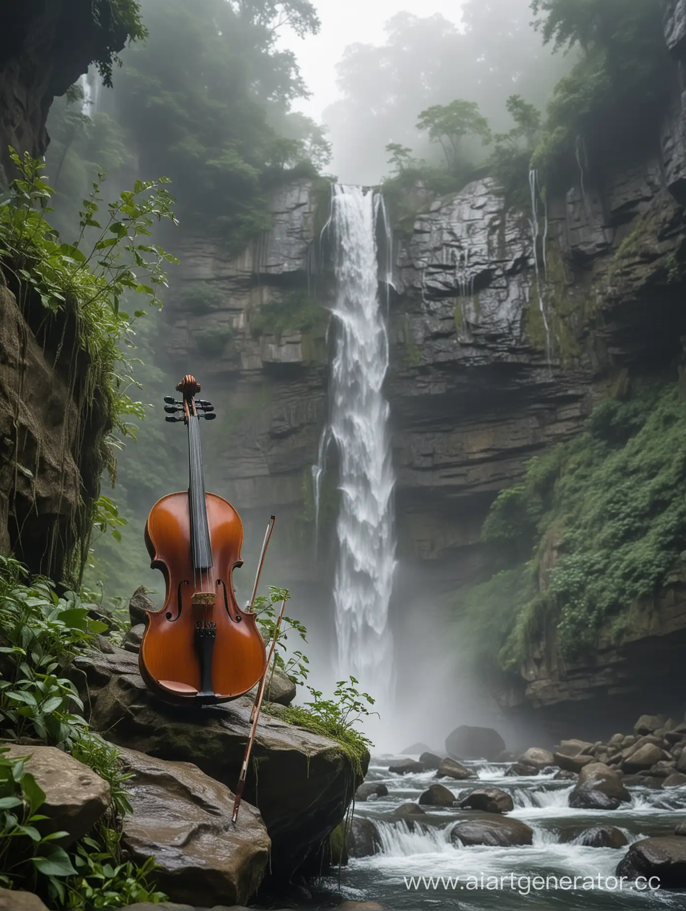 Скрипка в водопаде, поет, в тумане, вокруг камни, зелень и высокий водопад