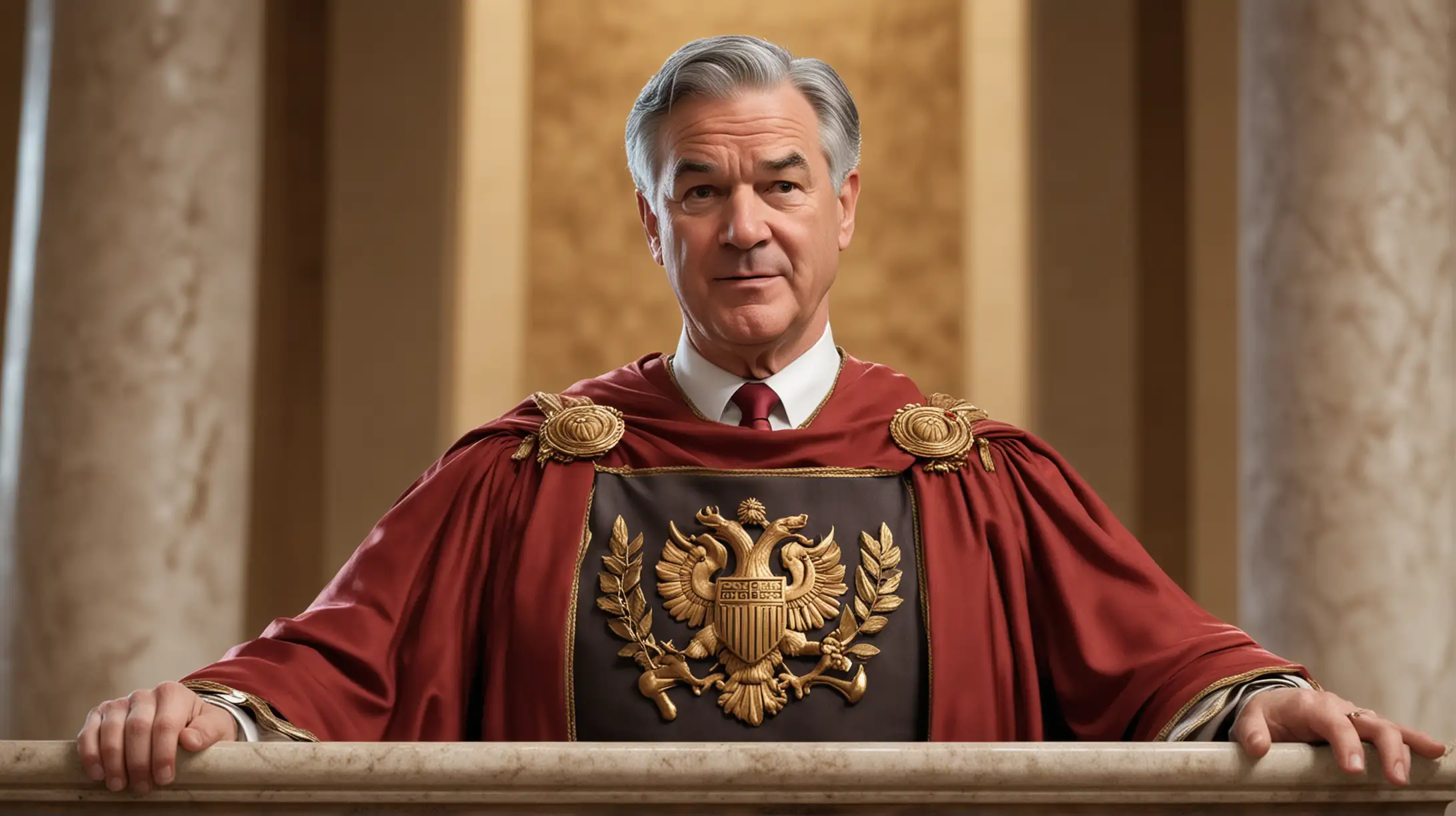 make an image of chairman jerome powell dressed as a roman leader giving an animated 
 and spirited speech