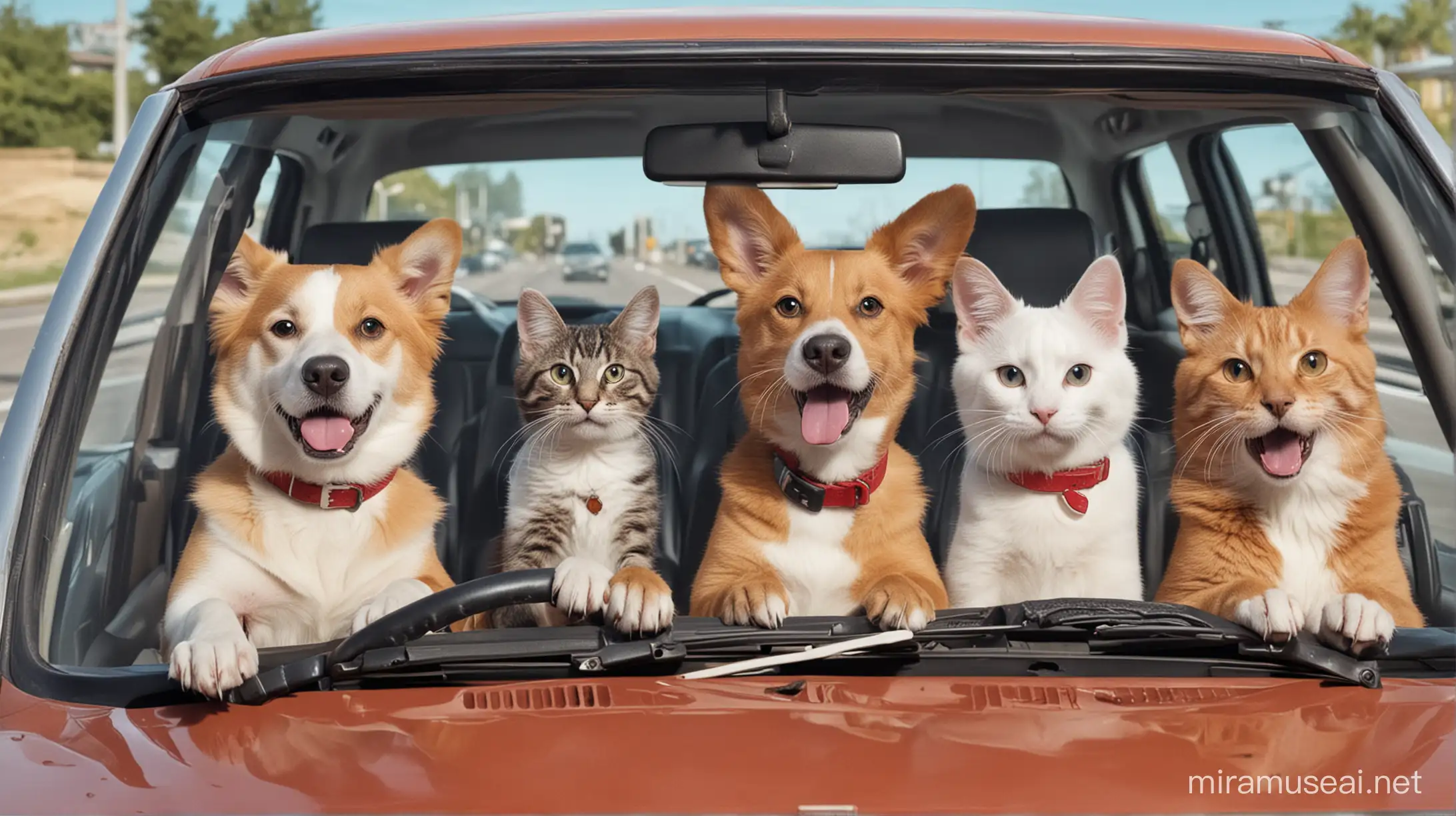 make an image of dogs and cats driving cars while driving