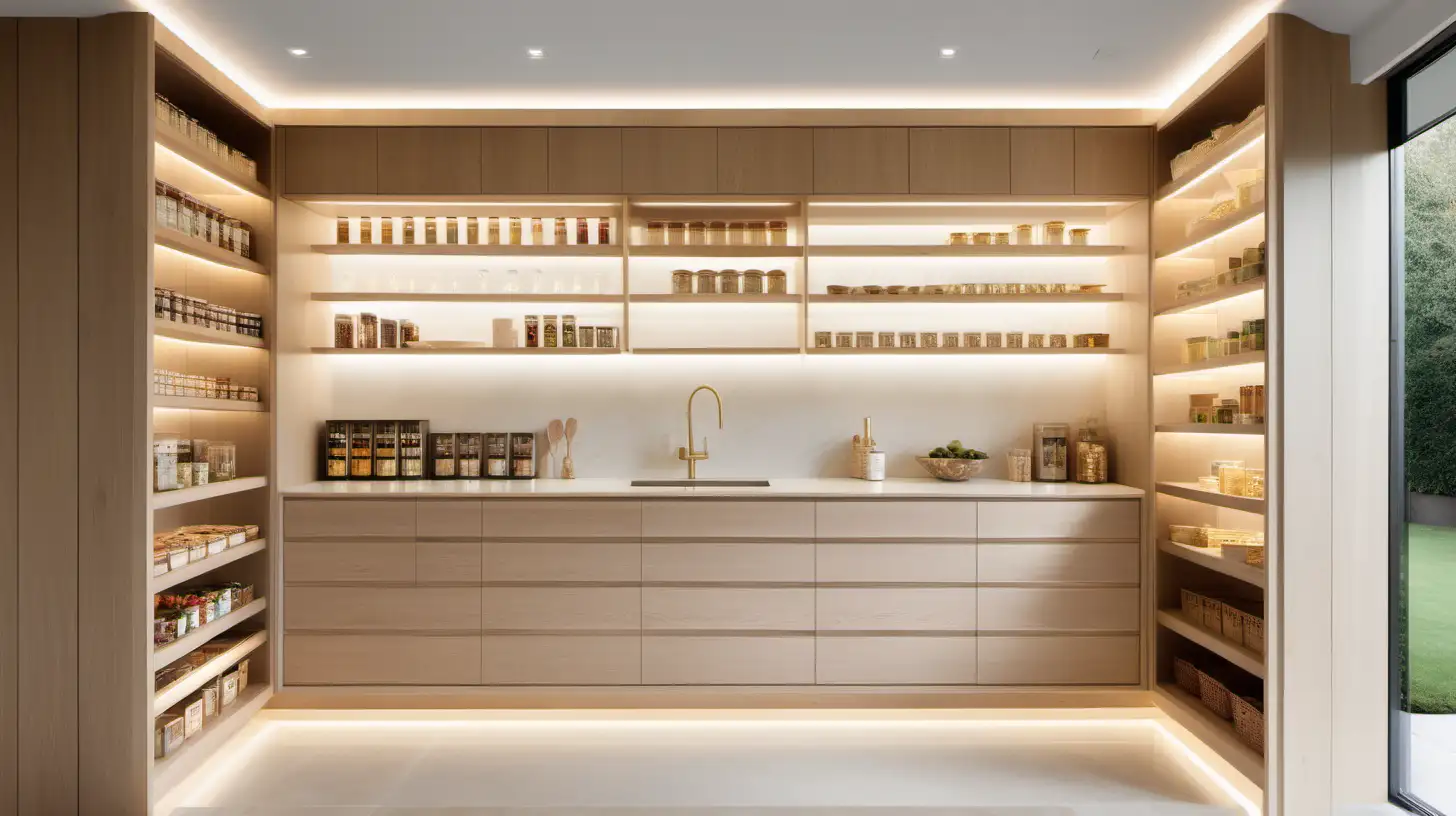 Contemporary Blonde Oak Pantry with LED Lighting and Large Window