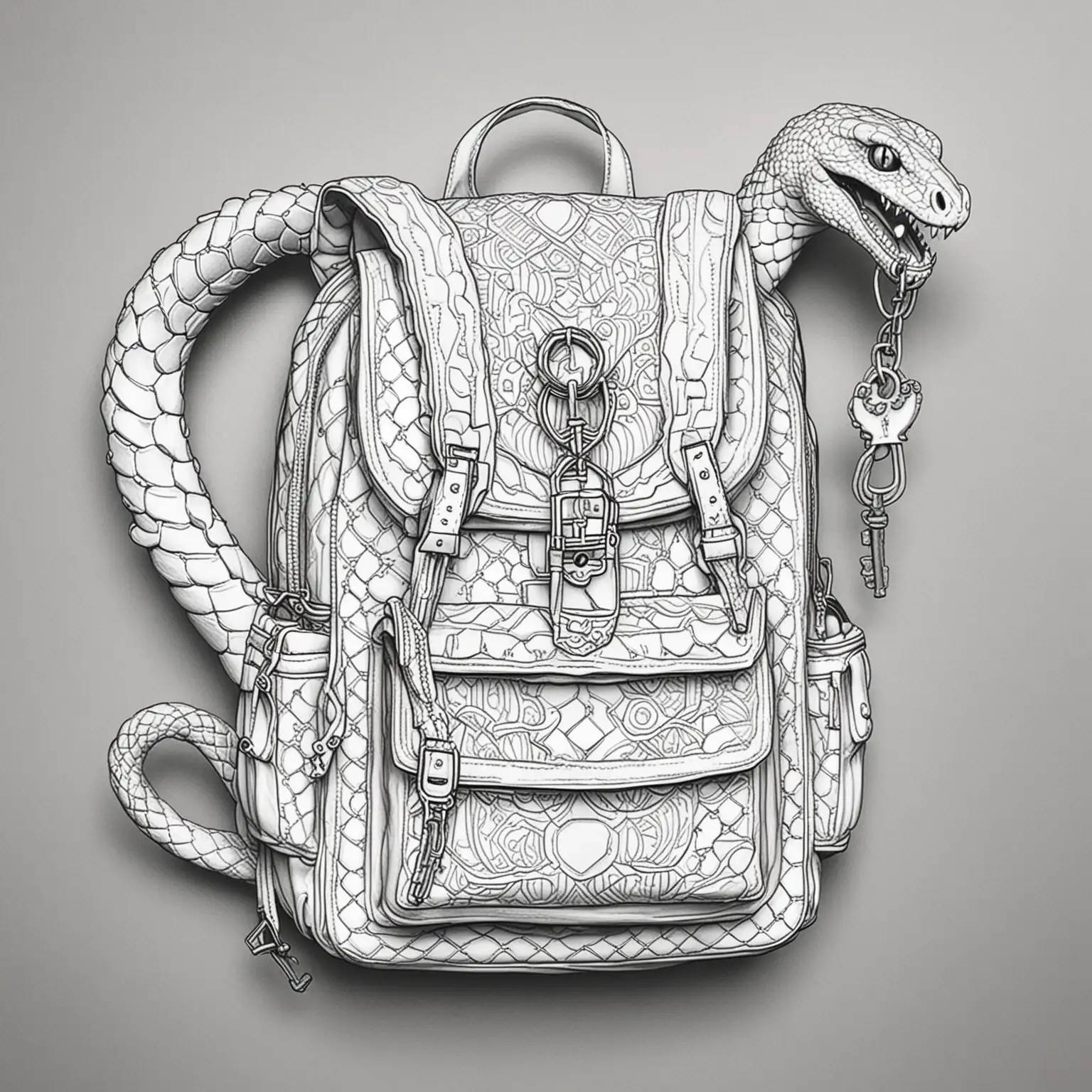 white coloring page of snake backpack with a giant key