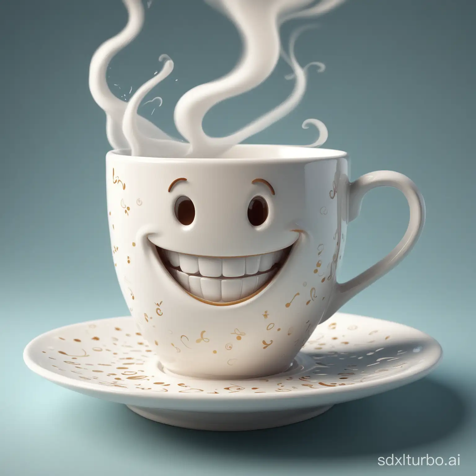 An enchanting, 3D illustration of a cheerful and whimsical coffee cup, personified with a wide, happy smile, revealing its gleaming white teeth. The cup is with white steam and  sits atop a playful saucer with a swirling pattern.