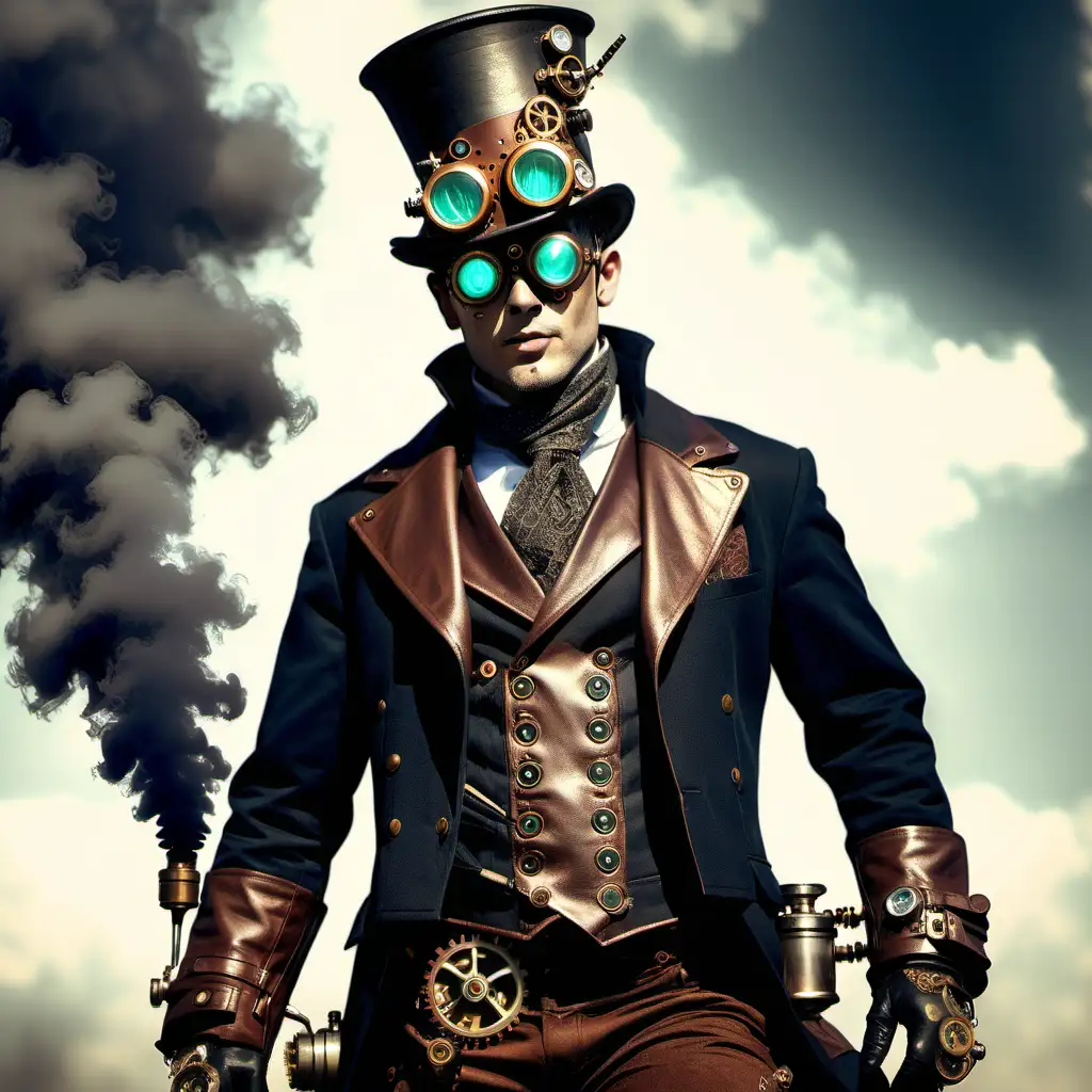 Steampunk Gentleman in Victorian Attire with Mechanical Accessories