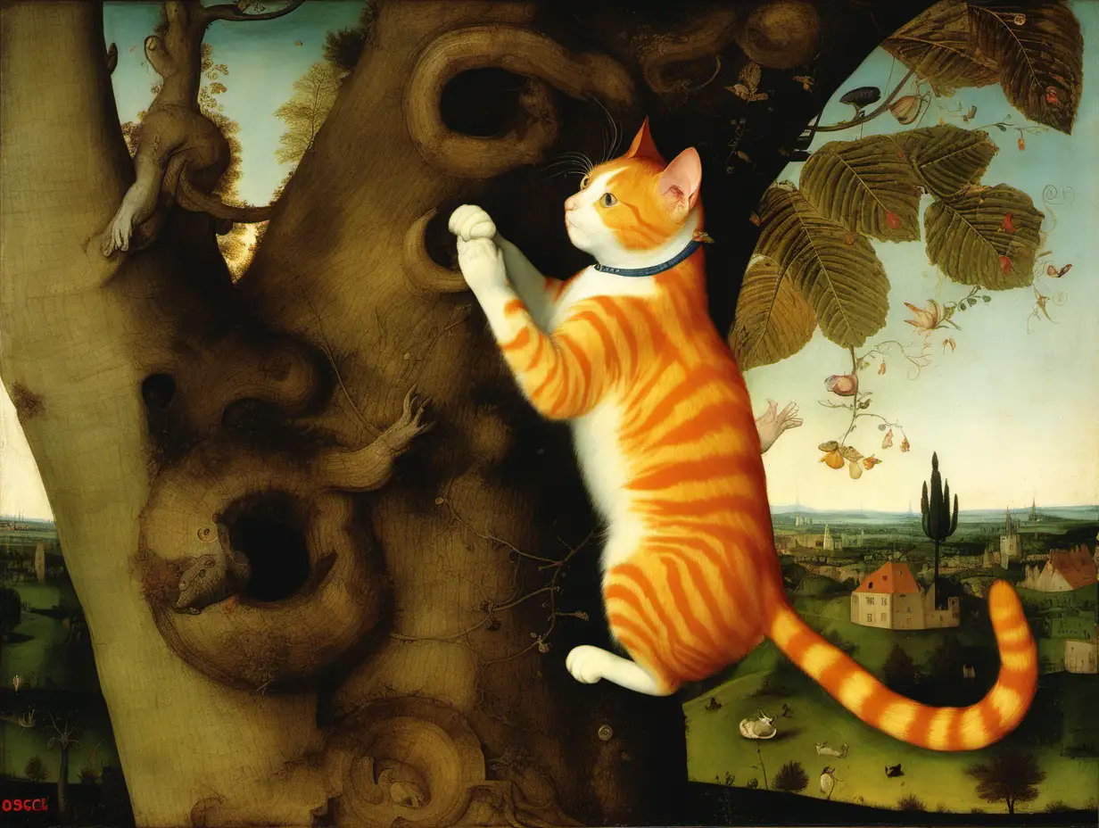Whimsical Bosch Painting Playful Ginger Cat Climbing a Tree