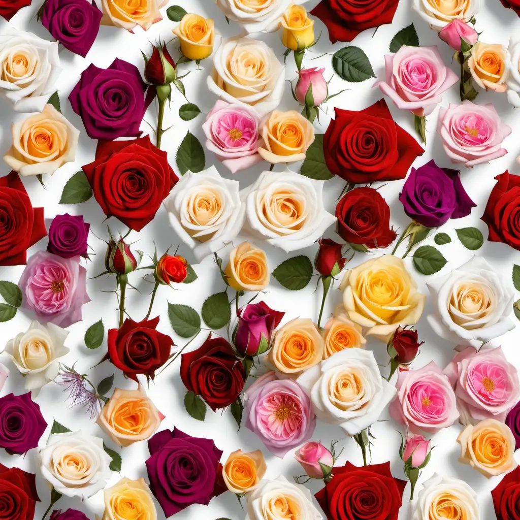 lots of roses, lots of separate colorful roses on a white background, lots of wildflowers, white background