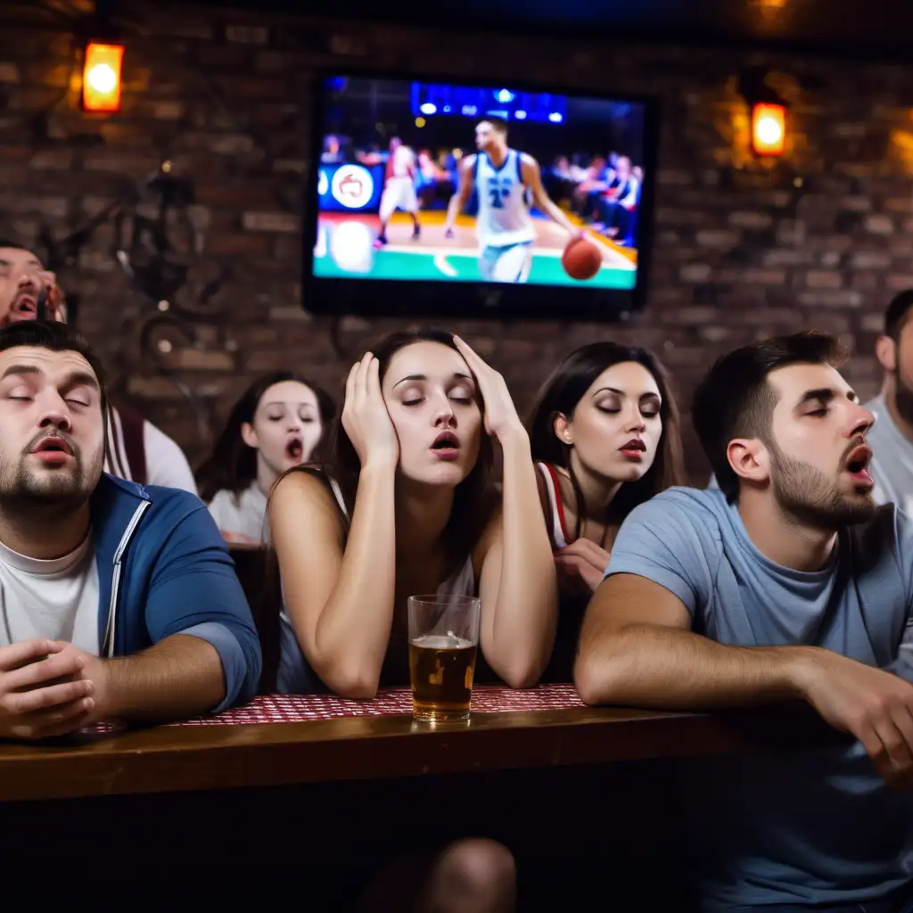 sleepy people watching basketball game on tv at a bar

