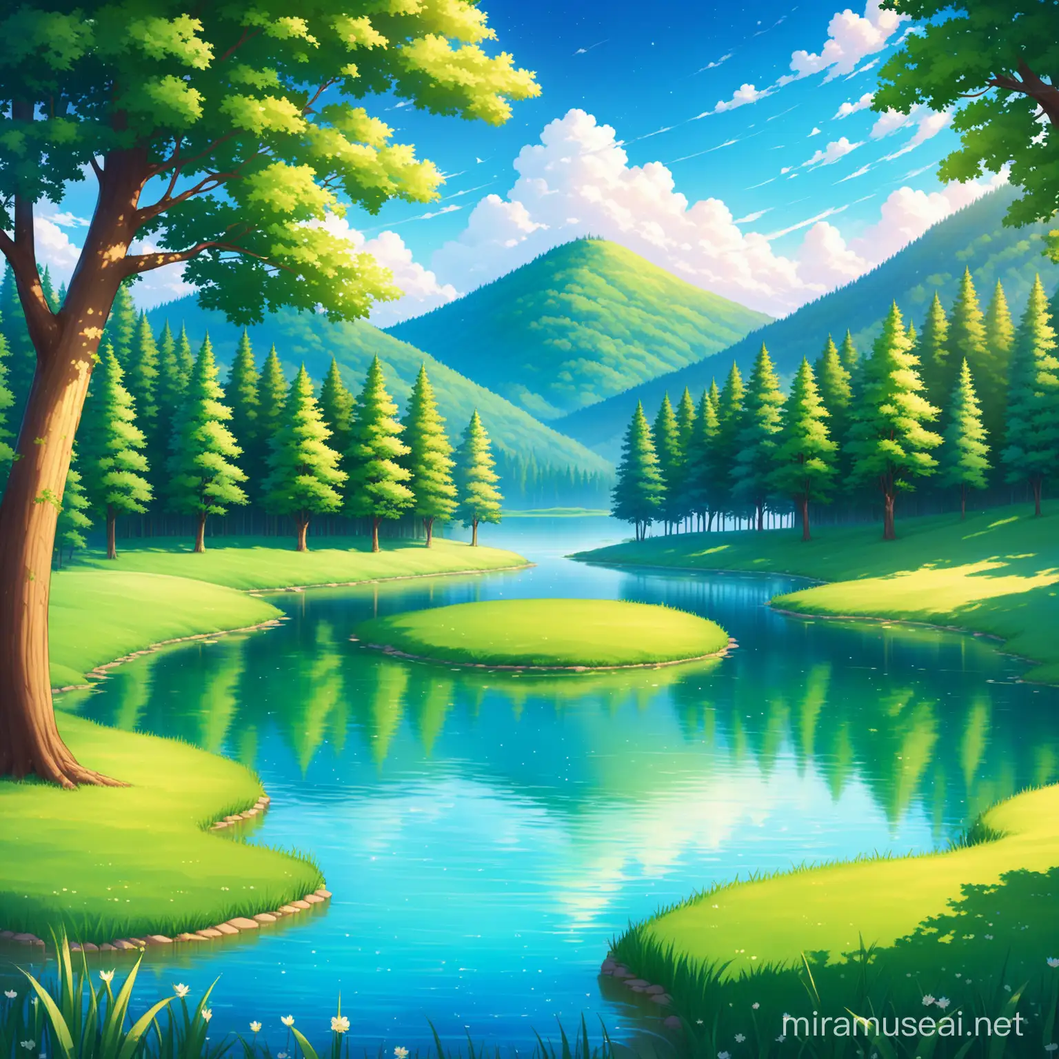 CREATE AN IMAGE THERE IA A MAGICAL  POND BETWEEN THE FOREST AND 2 HILLS ARE NEAR OF THAT POND