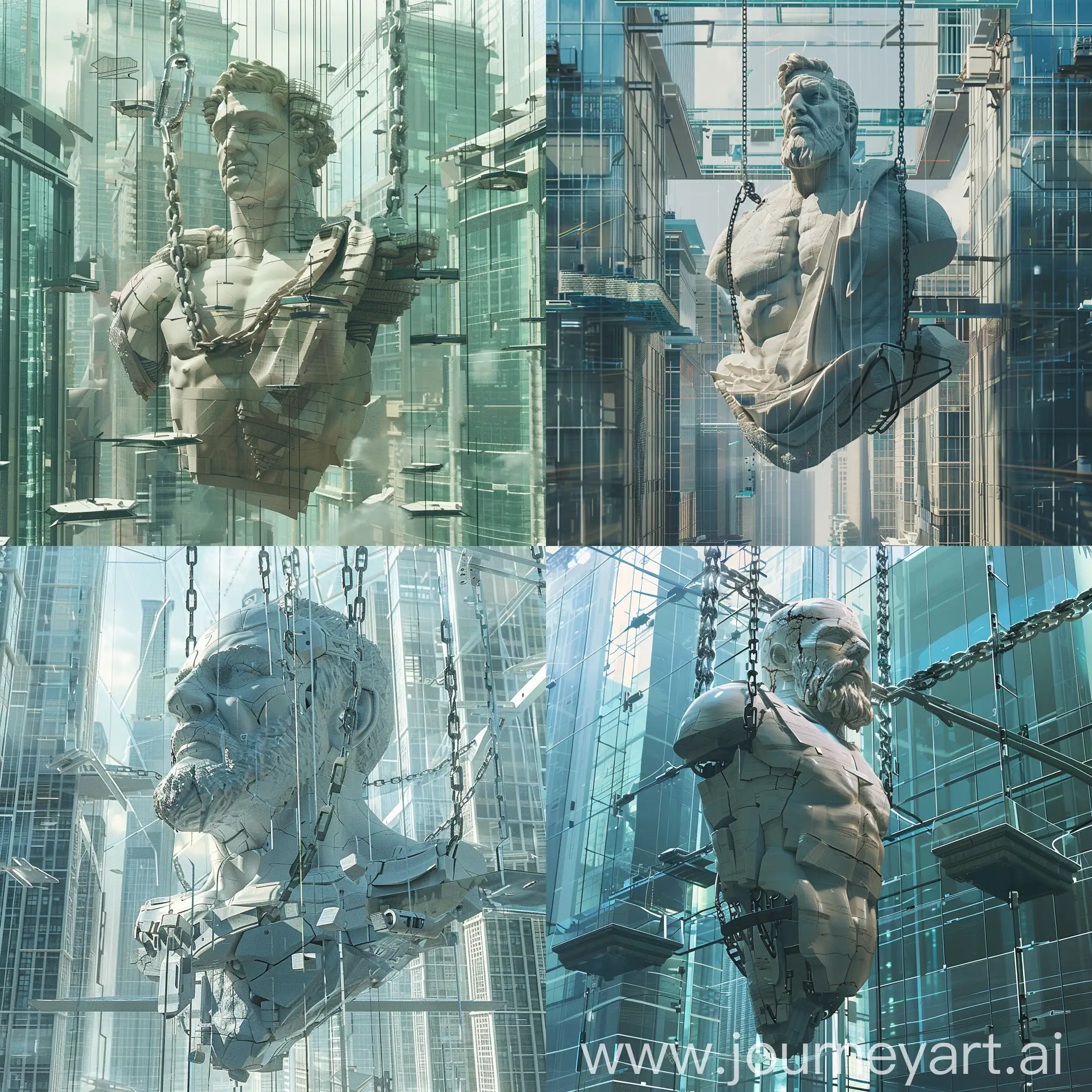 Digital-Liberation-Monument-to-Gastes-Breaking-Chains-Amidst-Glass-Skyscrapers
