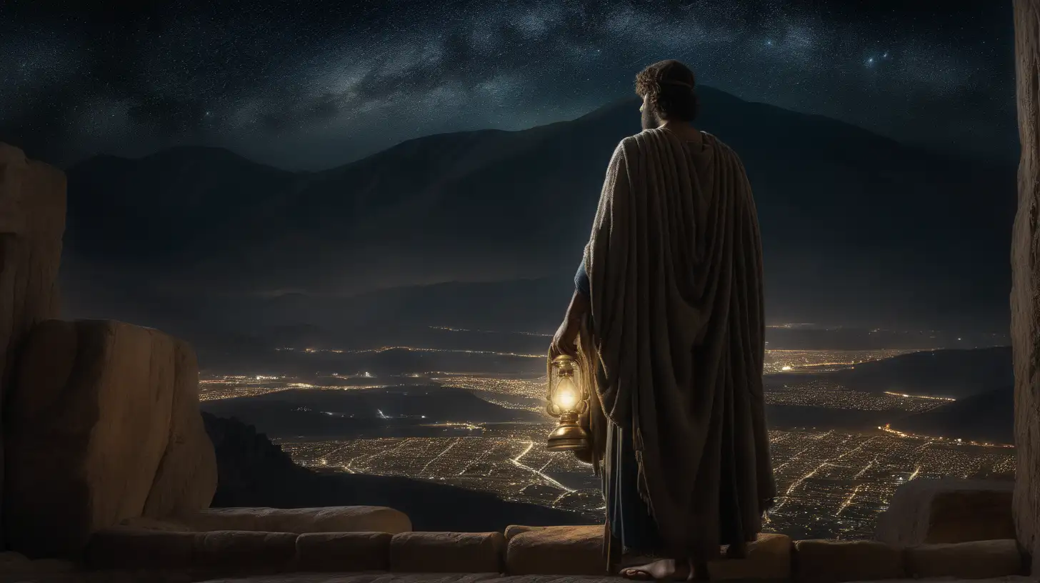 Zechariah Contemplating Under Starlit Sky with Mountains Silhouette
