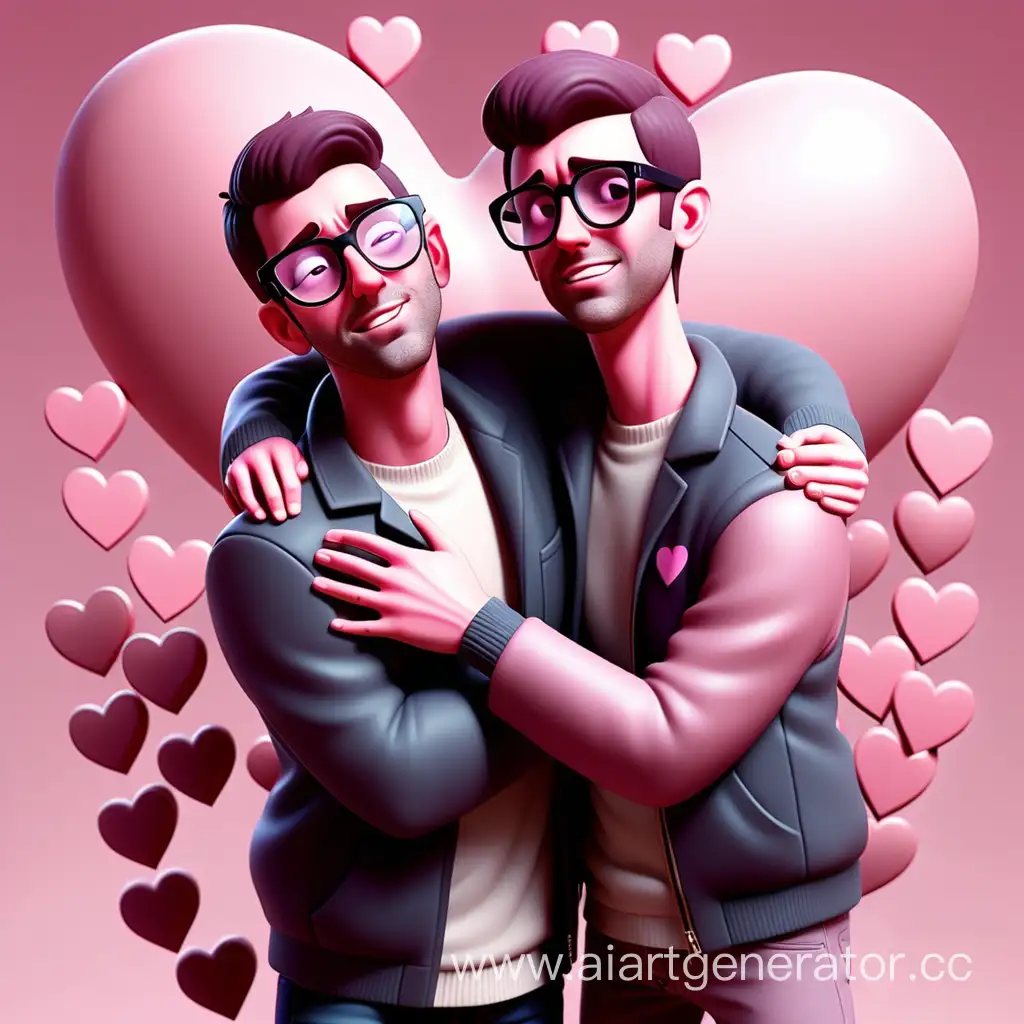 Make a cover for a track where two guys are hugging, both with glasses, one is half a head taller, a background of pink hearts.