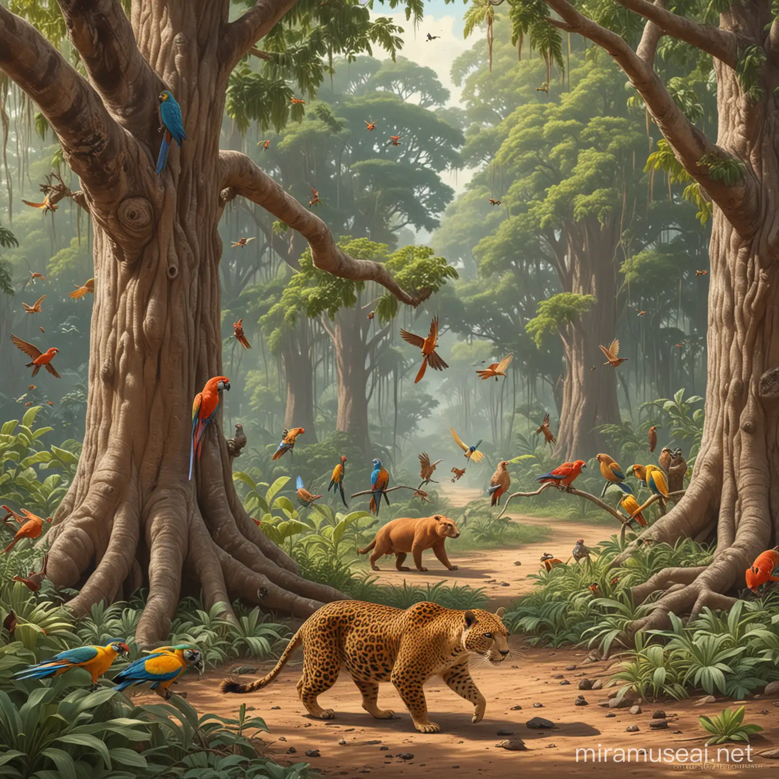 a jaguar walking alongside his friends - a colorful macaw, a playful capybara, a wise old tree, and a busy colony of ants.]